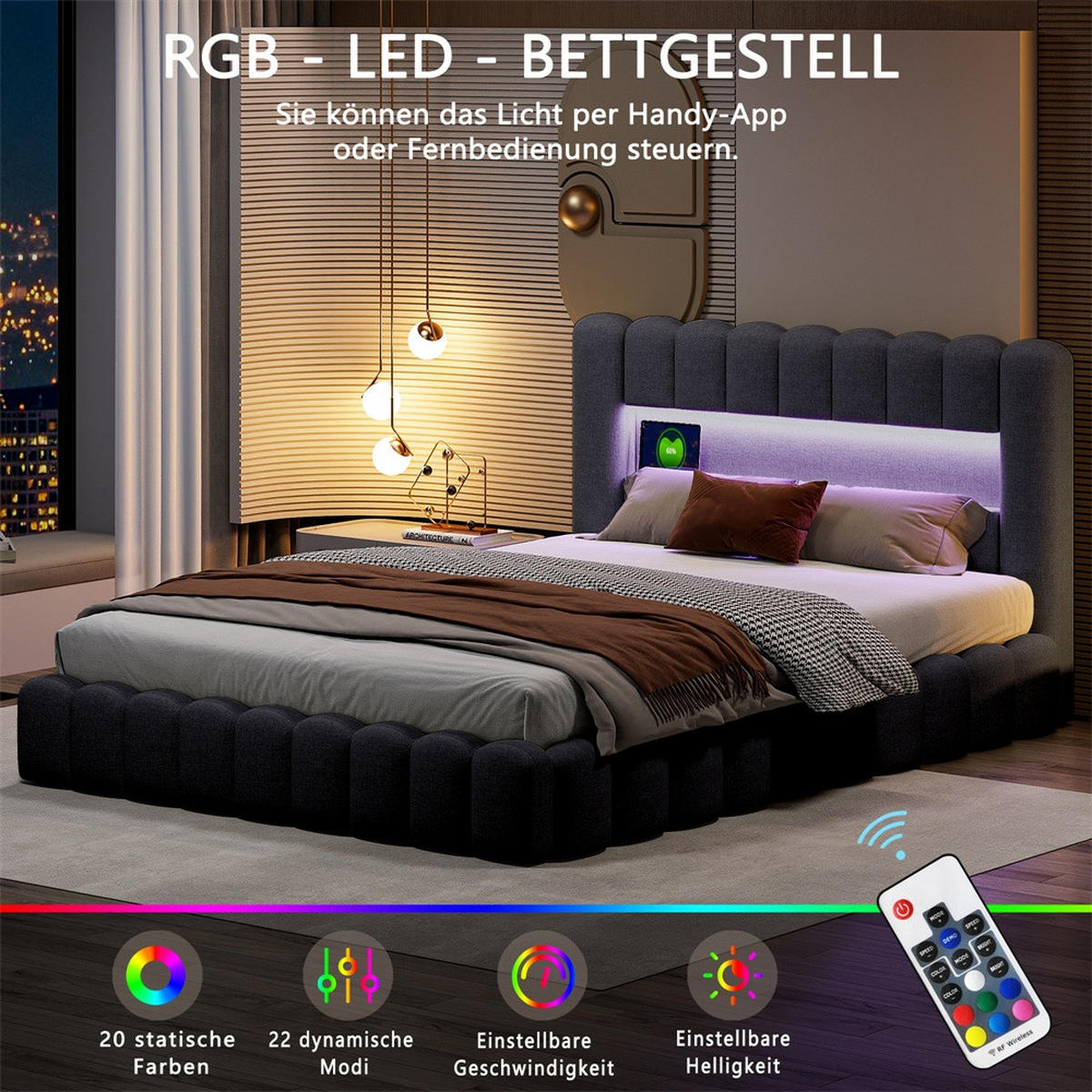 POLSTERBETT 140x200 cm mit LED-Beleuchtung und hydraulischem Stauraum - Ohne Matratze - Grau, Textil (140/200cm) - DELFA