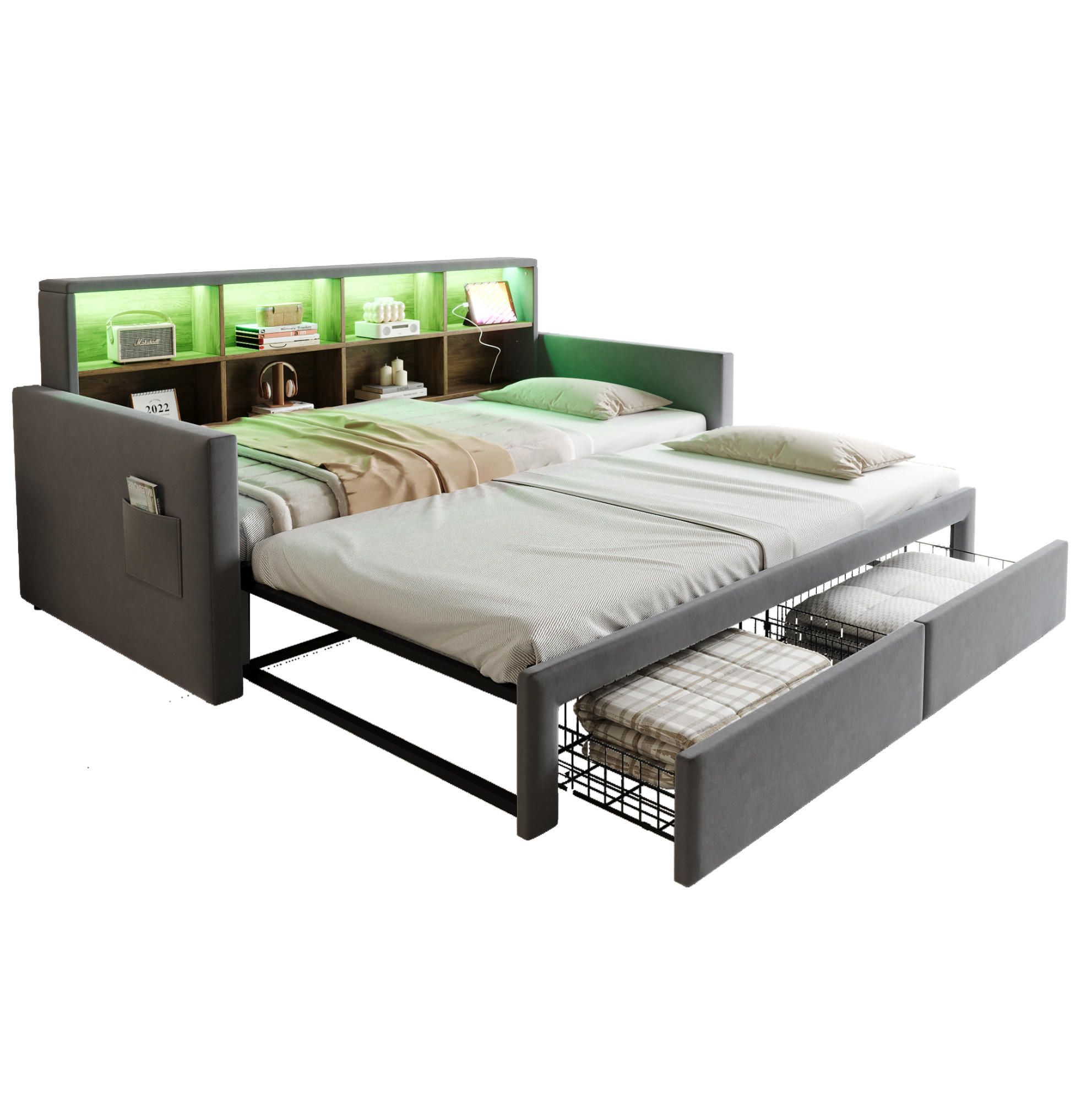 Redom ČALOUNĚNÁ postel 90/190 cm s výsuvným lůžkem, LED osvětlením, USB a 2 zásuvkami, Tmavě šedá