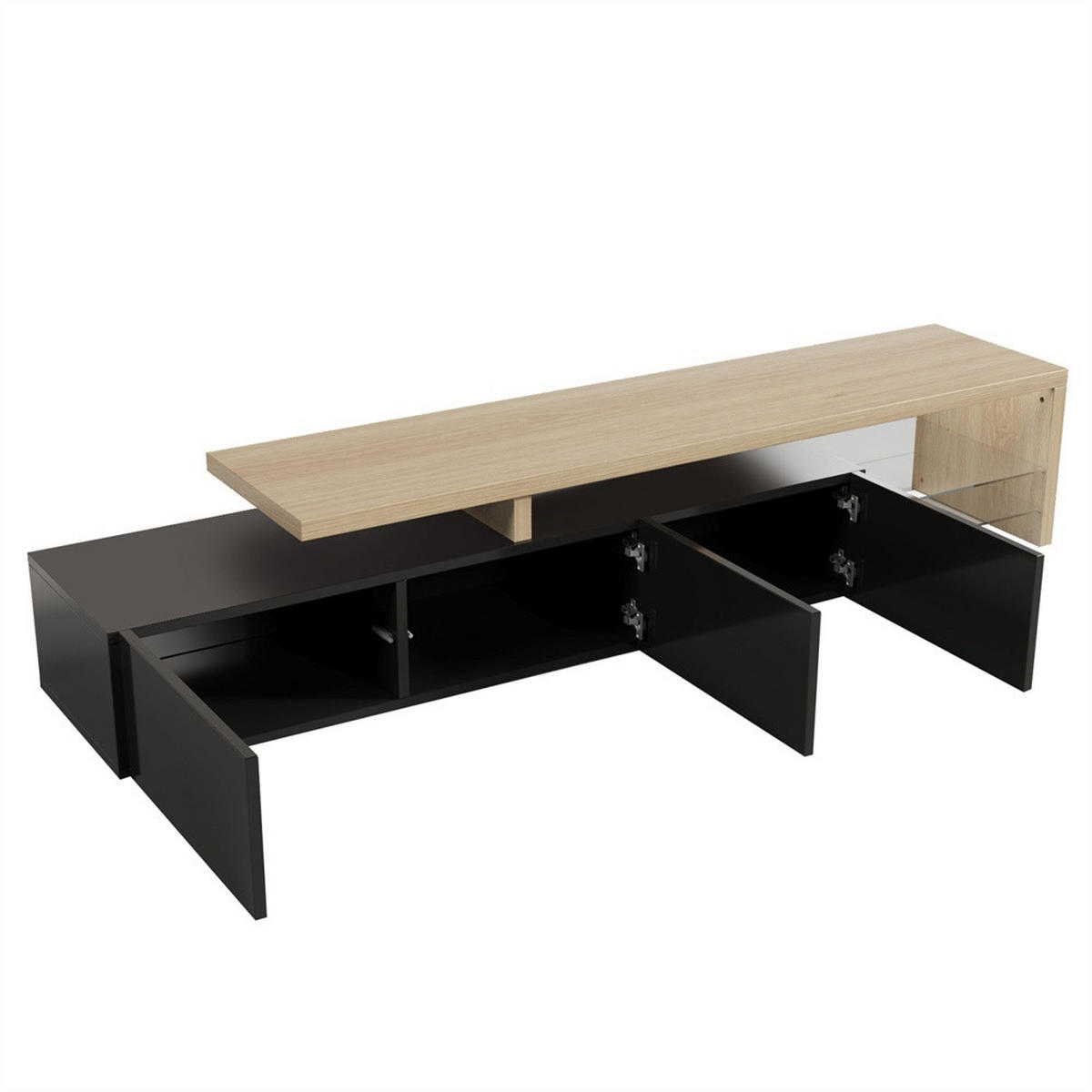 TV-LOWBOARD - TV-Schrank mit LED-Beleuchtung - offenem Glasregal und Stauraum - Schwarz+Natur - Schwarz, Holzwerkstoff (39/42/200cm) - DELFA