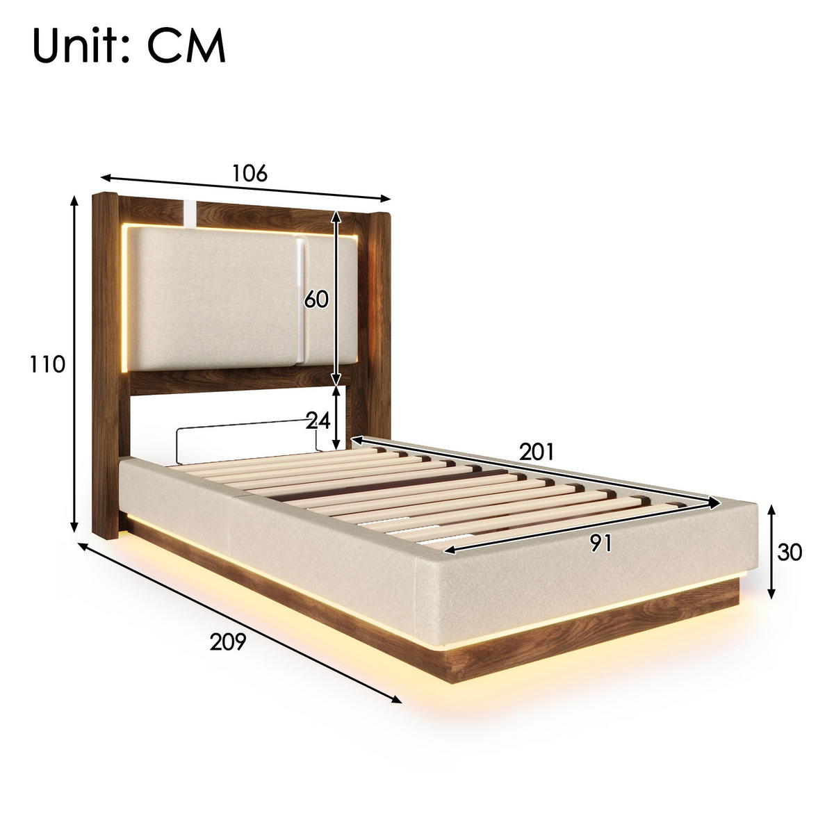 POLSTERBETT 90/200 cm in Beige Leinen mit LED und Bettkasten - Beige, Holzwerkstoff/Textil (90/200cm) - WISHDOR
