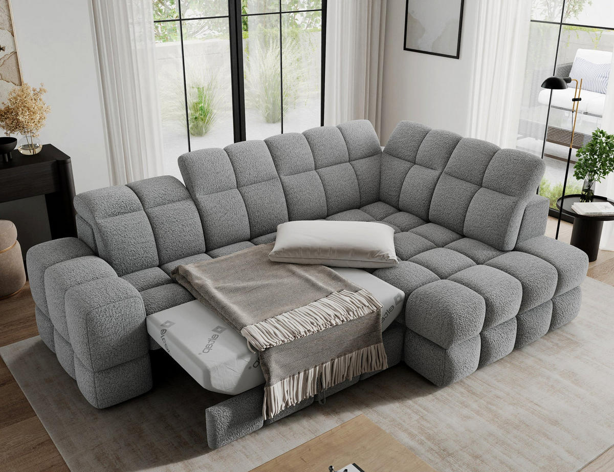 ECKSOFA Bronon mit Schlaffunktion und Bettkasten – Modernes Design, verstellbare Kopfstützen und verschiebbare Rückenlehnen - Grau, Kunststoff (296/109cm) - Wohnideebilder