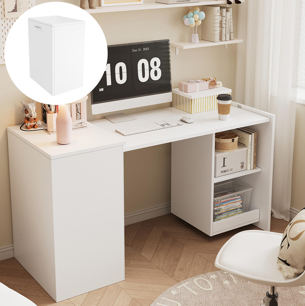 KLAPPTISCH 2-in-1 126 x 55 x 75 cm Weiß mit 4 offenen Fächern - Weiß, Holz (126/55/75cm) - Meubliv