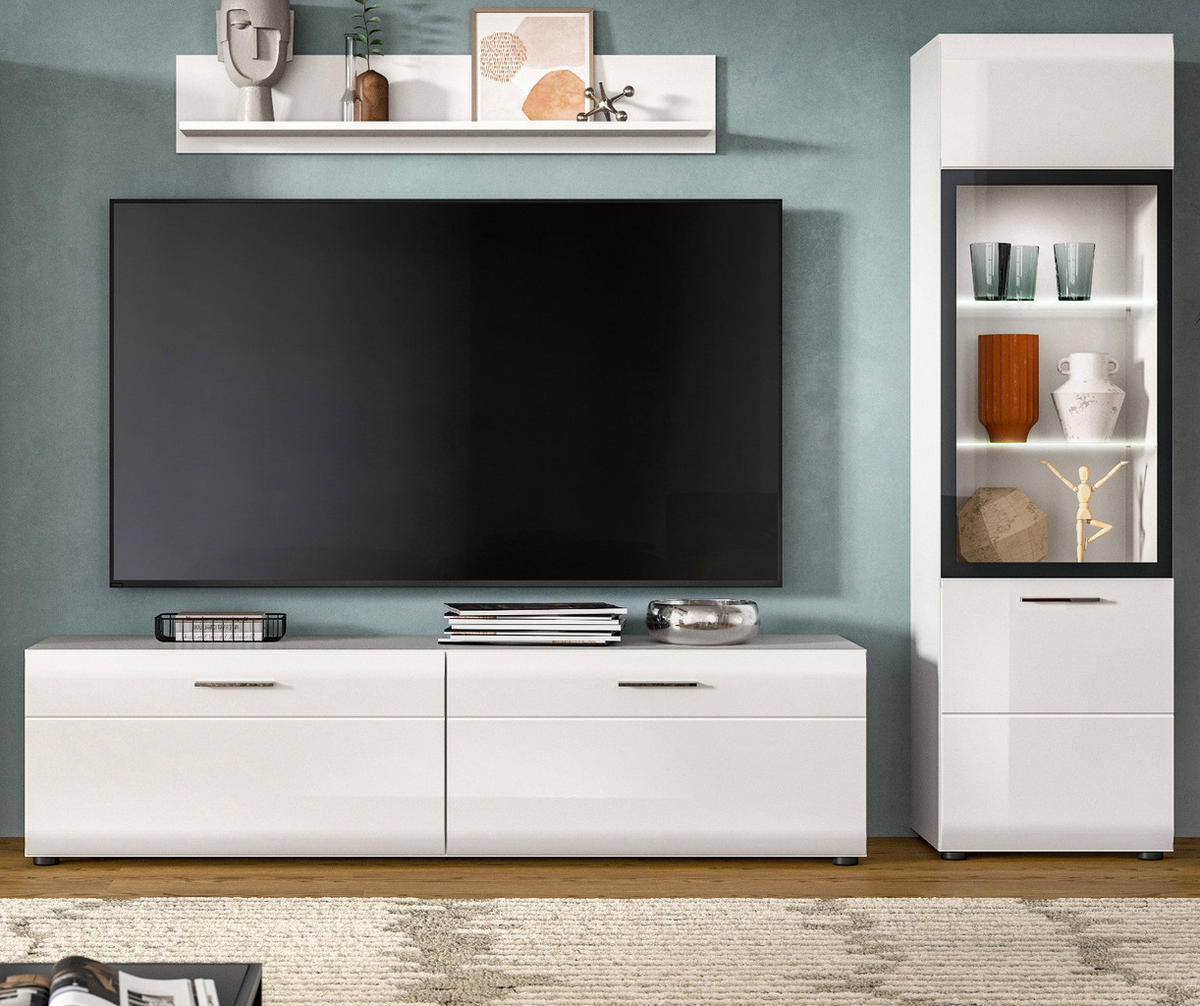 WOHNWAND weiß Hochglanz 3-teilig 220 cm, Schrankwand mit viel Stauraum - Weiß Hochglanz/Silberfarben, Glas/Holzwerkstoff (220/160/41cm) - Inn.Furn