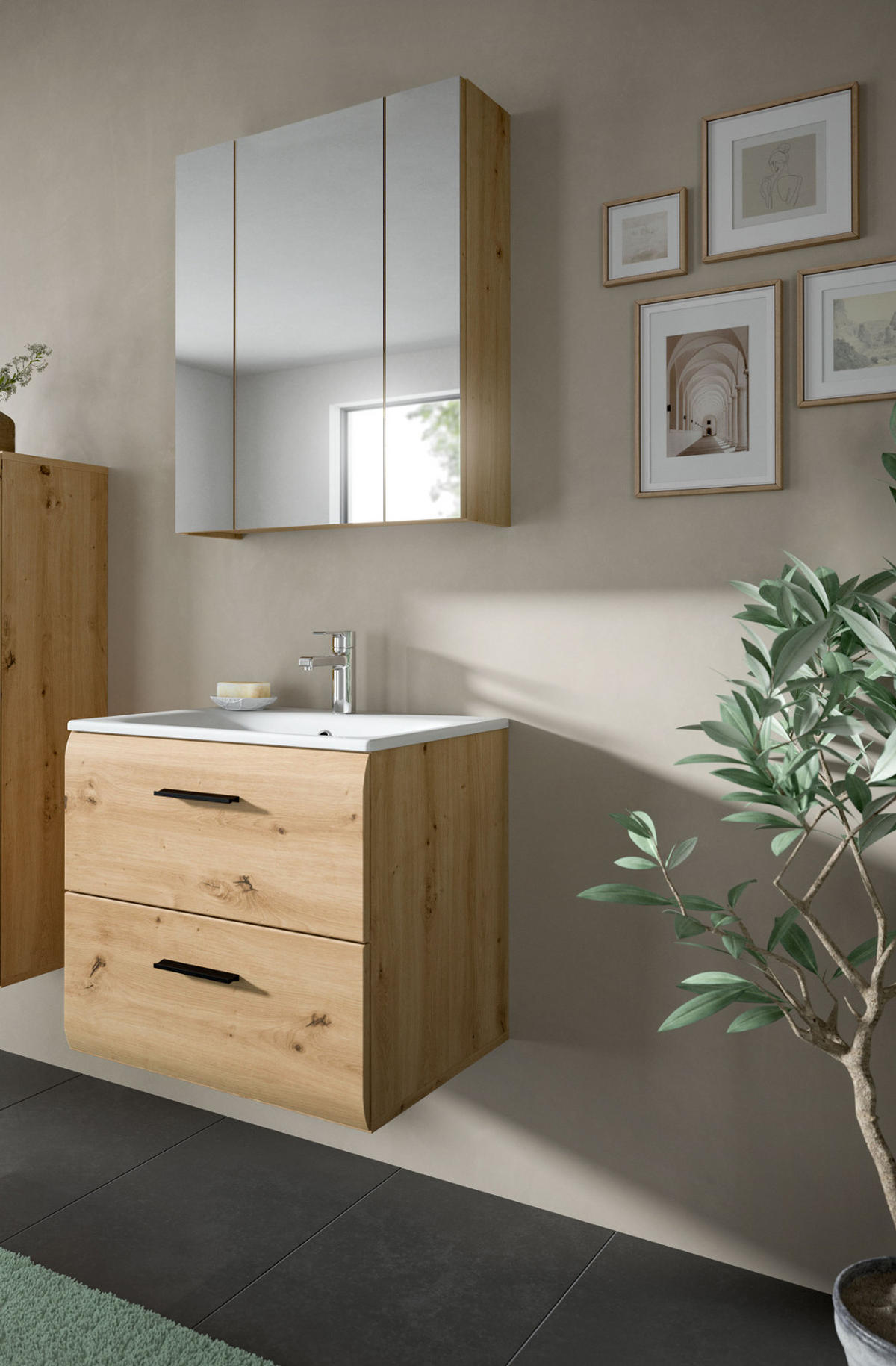 BADMÖBEL-SET 2-teilig Eiche Artisan, Badkombination 60 cm inklusive Waschbecken, Cover - Schwarz/Eiche Artisan, Glas/Keramik (60/185/46cm) - Inn.Furn