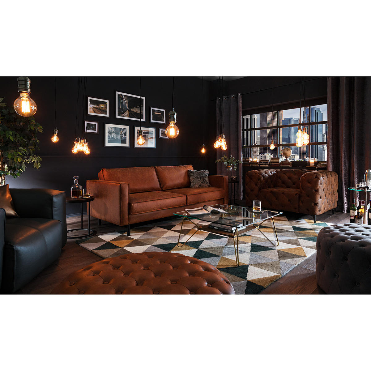 3-SITZER SOFA - Cognac/Schwarz, Leder/Textil (207/81/96cm) - home24