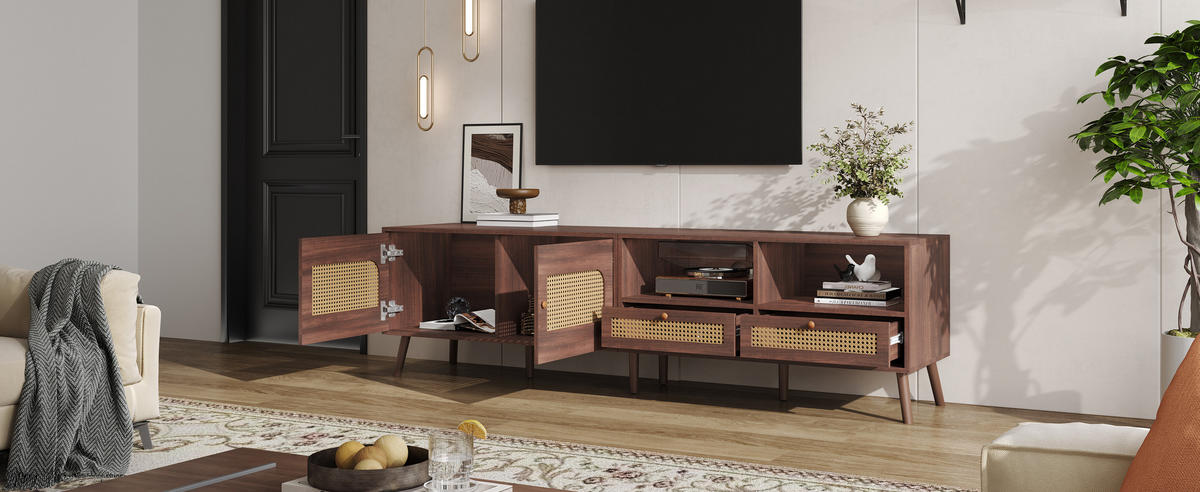 TV-LOWBOARD in Braun mit 2 Rattantüren und 2 Schubladen 200/37/49.5 cm - Braun, Holzwerkstoff (200/49.5/37cm) - Redom