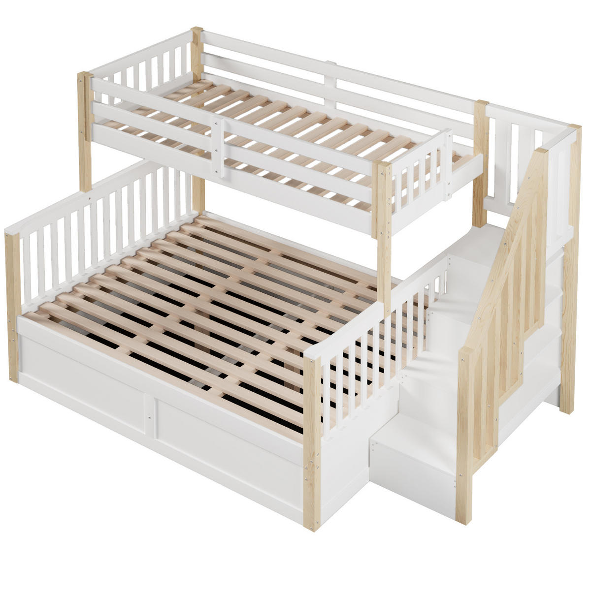 ETAGENBETT 90/200 + 140/200 cm aus Kiefer und MDF mit hydraulischem Stauraum und Treppe Weiß/Natur - Weiß, Holz (90/200cm) - Modenvie