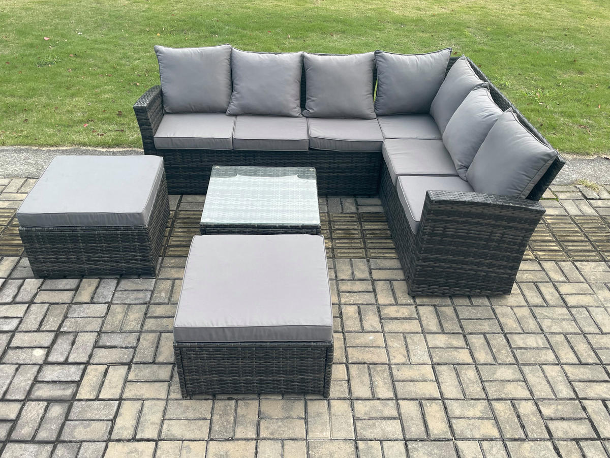 LOUNGEGARNITUR mit Couchtisch Sofa Polyrattan Dunkelgrau 8-Sitzer - Dunkelgrau/Grau, Glas/Kunststoff - Fimous