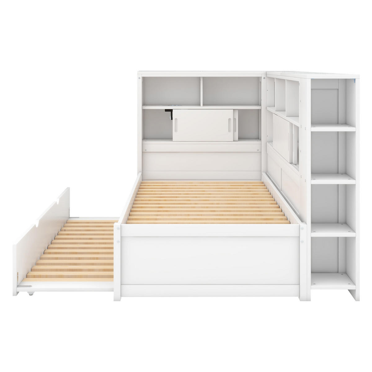 MULTIFUNKTIONSBETT 90/200 cm weiß mit Ausziehbett und USB-Ladeanschluss - Weiß, Holzwerkstoff (90/200cm) - OKWISH