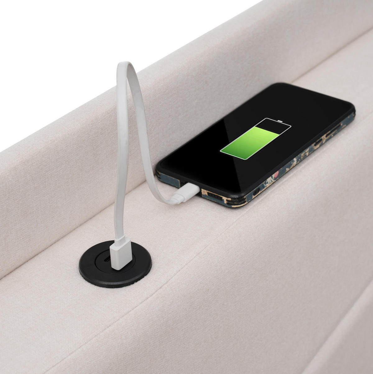 POLSTERBETT 90/200 cm aus Baumwoll-Leinen-Mix mit USB-C-Ladefunktion und Bettkasten Beige - Beige, Textil (90/200cm) - Modenvie