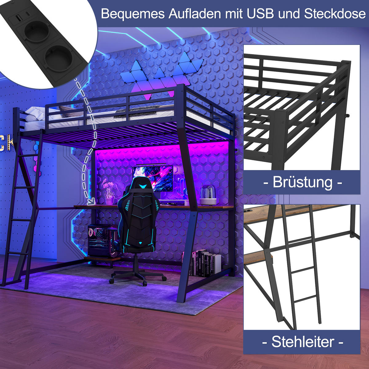 HOCHBETT 140/200 cm Schwarz mit LED-Leuchten und Schreibtisch - Schwarz, Metall (140/200cm) - OKWISH