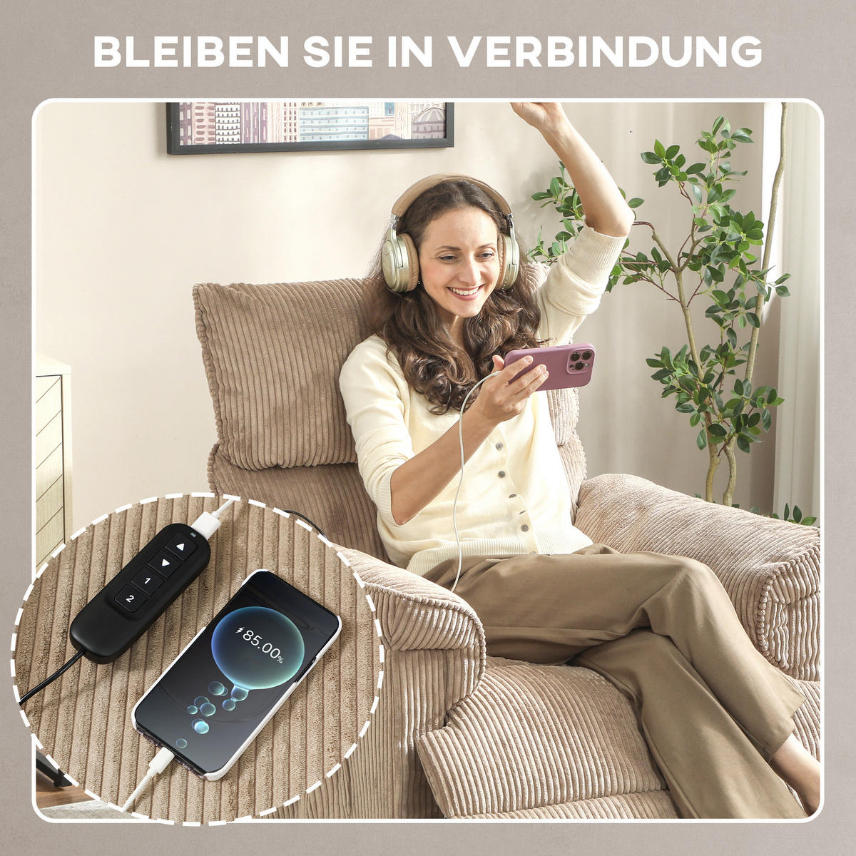 MASSAGESESSEL DE-06385 leiser Motor, Memory-Funktion, 150° neigbar, USB Braun - Braun, Textil/Metall (86/105/94cm) - ComfortXL
