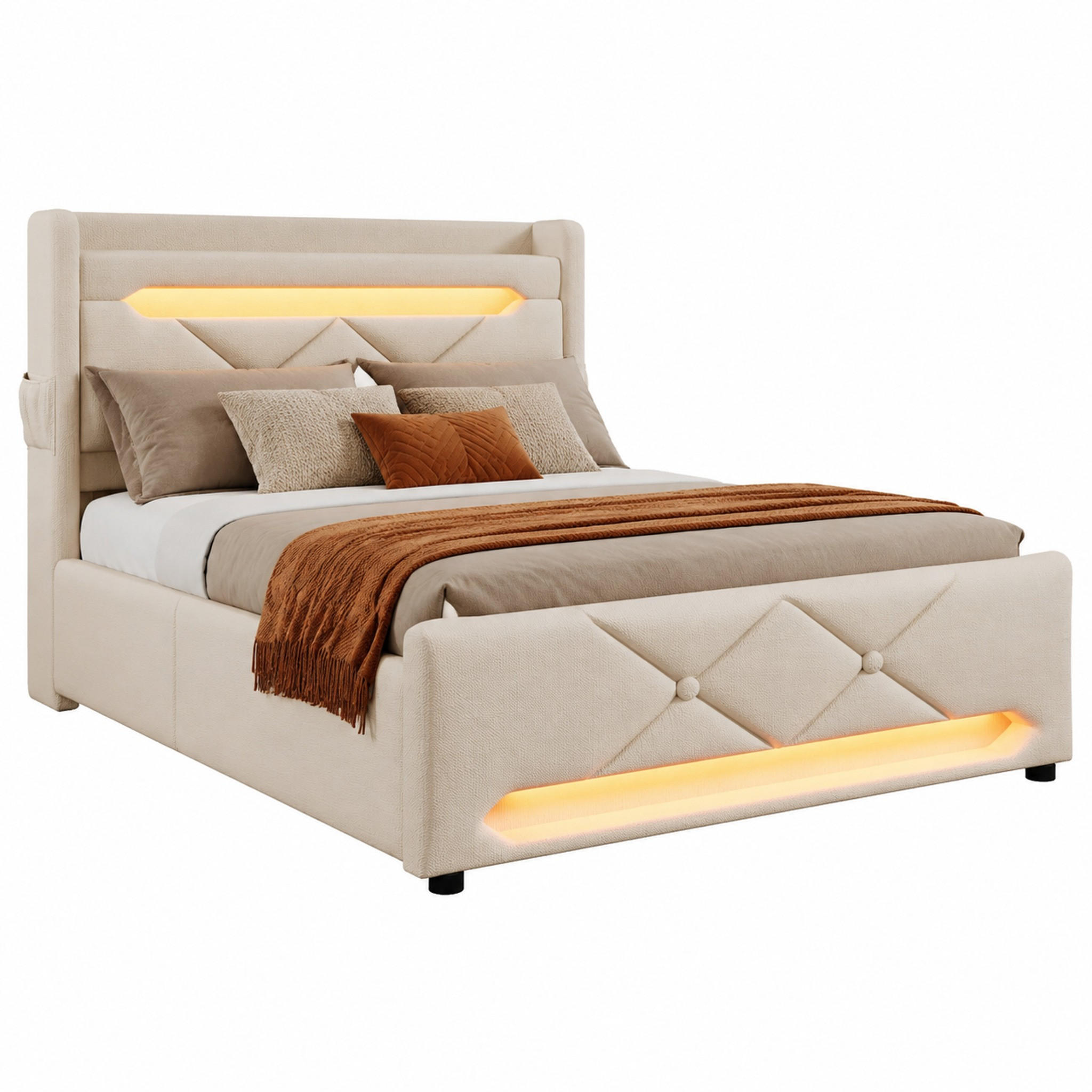 BETT mit LED, Stauraum und Matratze 90x200 cm Leinen Beige - Beige, Metall (90/200cm) - Meubliv