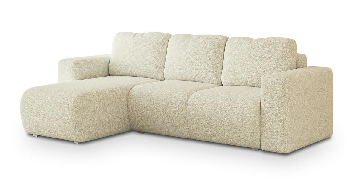 ECKSOFA RINOVA Creme Boucle-Stoff mit Schlaffunktion - Creme, Holz (250/143cm) - MASSENO