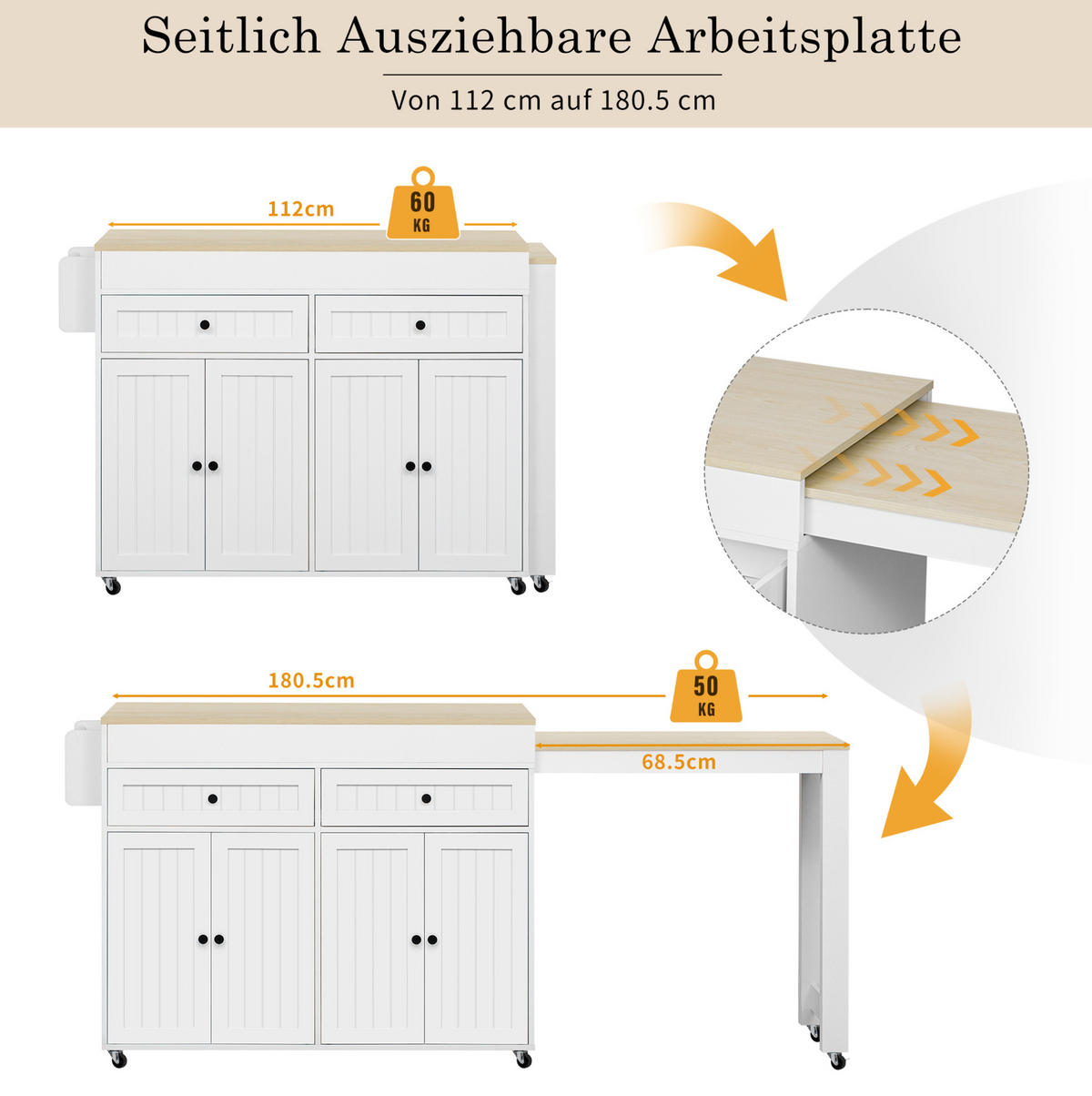 KUCHYŇSKÝ ostrůvek 112-180,5/45/92,2 cm s výsuvnou pracovní deskou, zásuvkami a kolečky, bílá/přírodní - bílá, kompozitní dřevo (180.5/92.2/45cm) - Redom