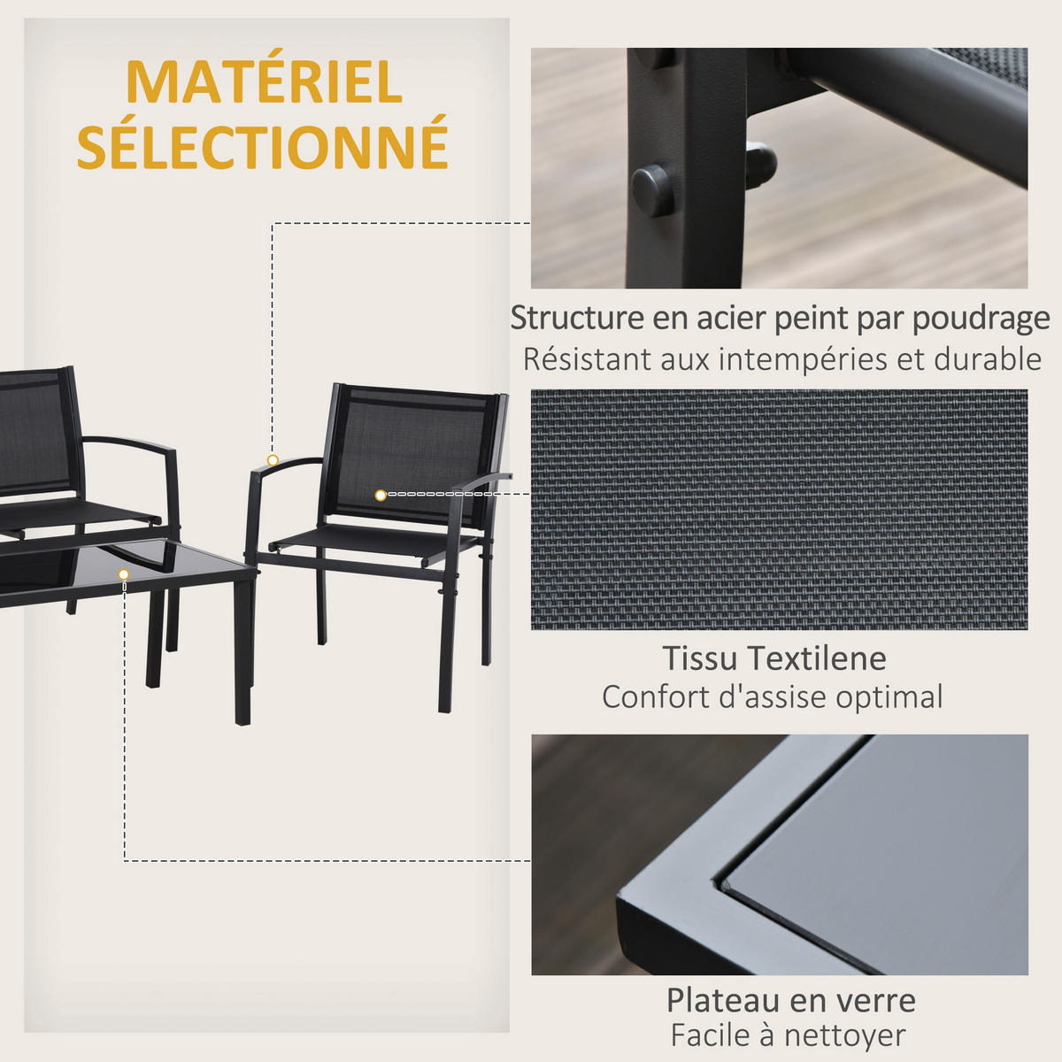 GARTENSET DE-13513 4-teilig mit Glastisch Schwarz - Schwarz, Metall - ComfortXL
