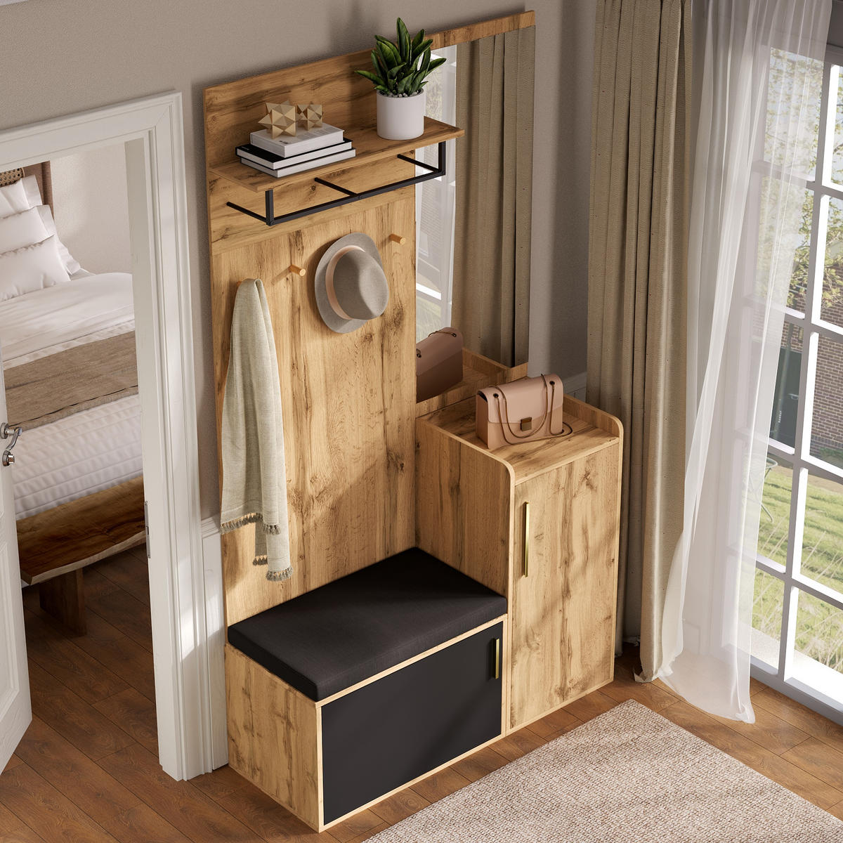 GARDEROBENSET Spiegel Sitzbank Schuhschrank - Naturfarben, Holzwerkstoff (100/185/38cm) - Fortuna Lai