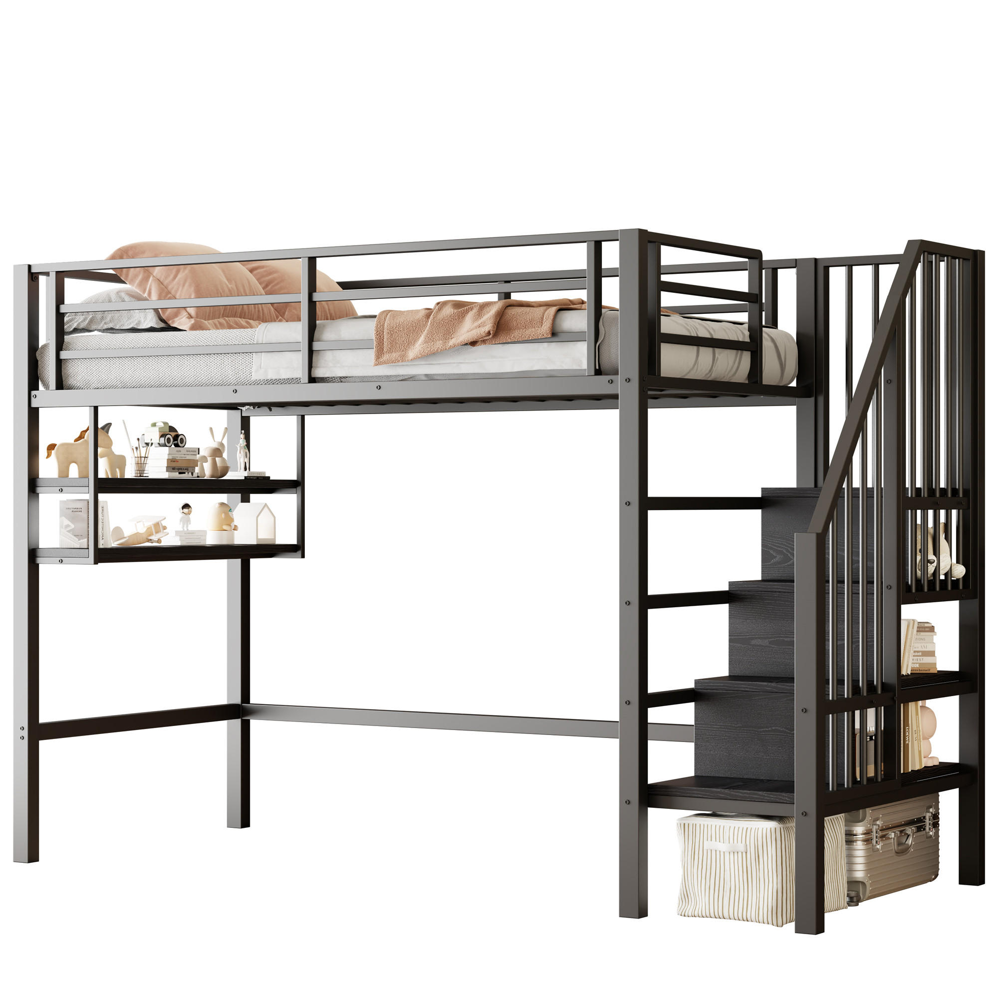 HOCHBETT 90x200cm Schwarz Einlegeböden Stauraumleiter Geländer - Schwarz, Metall (90/200cm) - FLIEKS