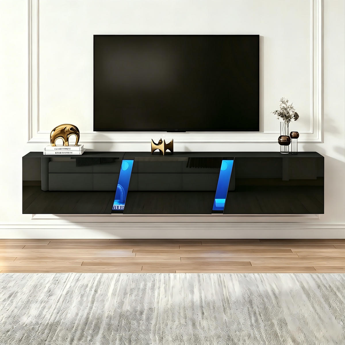 TV-ELEMENT 180/35/30 cm Hängend Hochglanz Schwarz mit LED-Beleuchtung und 3 Türen - Schwarz, Holzwerkstoff (35/30/180cm) - Korfee