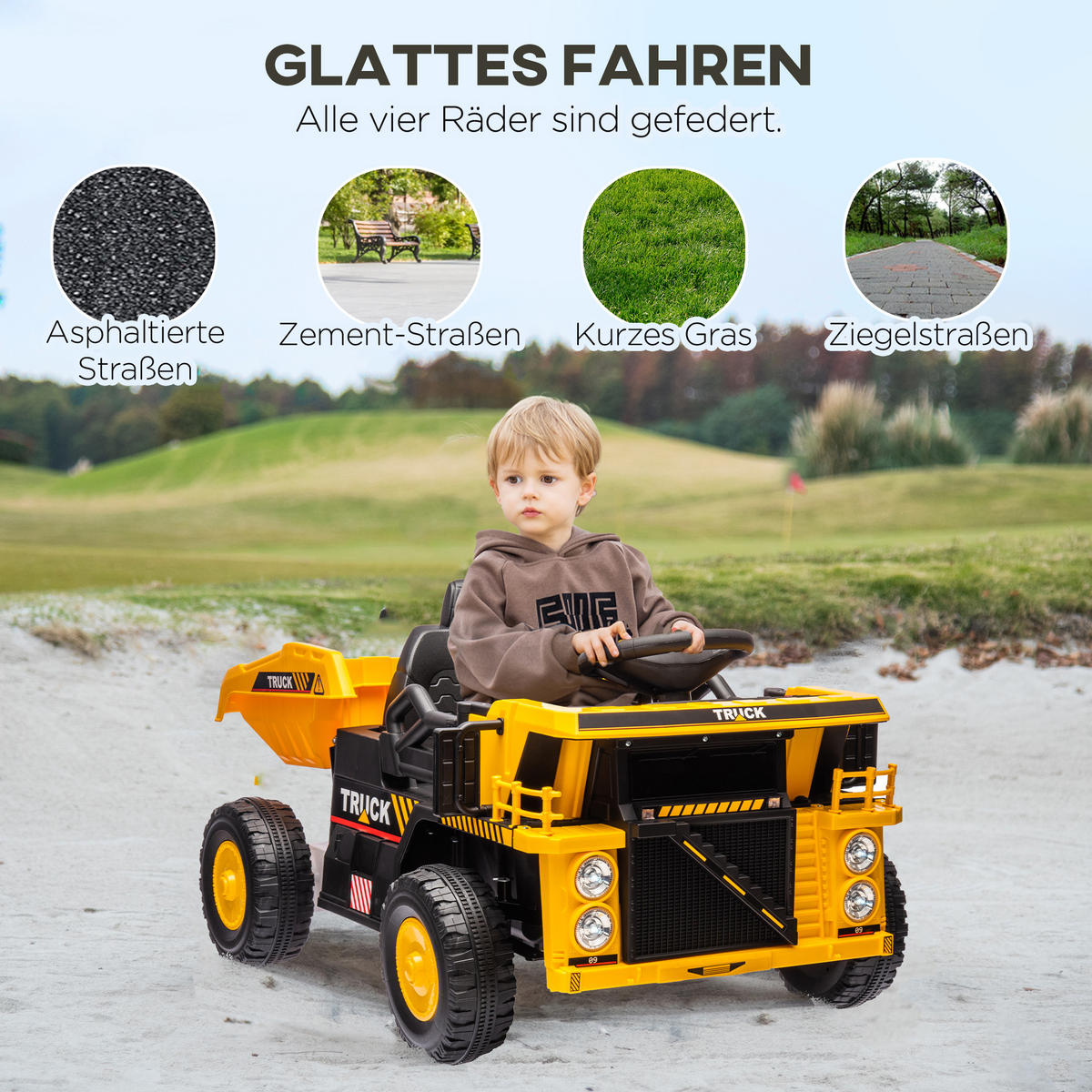 ELEKTRISCHER Traktor mit Schaufel 12 V Kinder Aufsitztraktor, Kinder Elektroauto - Gelb, Kunststoff/Metall (97/63/53cm) - AIYAPLAY