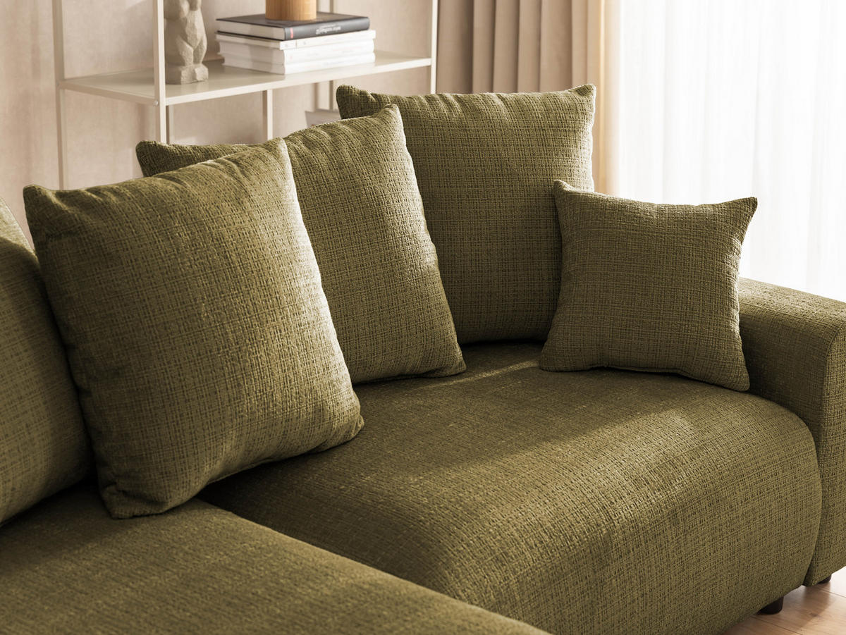 ECKSOFA Calma mit Schlaffunktion und Bettkasten im Bumpy-Design aus weichem Grün Chenille-Stoff - Ottomane links - Beige/Schwarz, Holz/Kunststoff (140/239cm) - S-Style Möbel