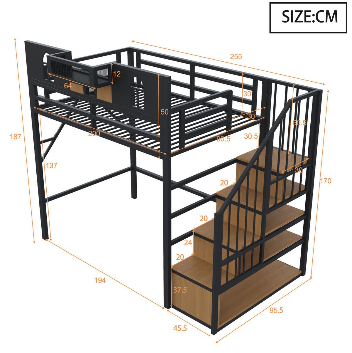 HOCHBETT 90/200 cm aus Metall mit Stauraumleiter und Lichtleiste, Schwarz - Schwarz, Metall (90/200cm) - OKMYHOME