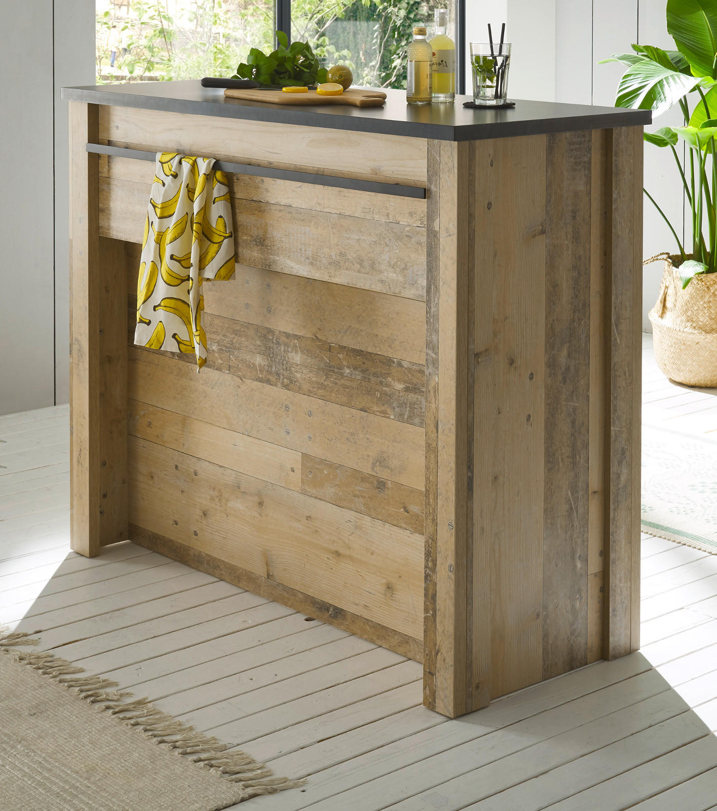 KÜCHENTHEKE Used Wood hell, anthrazit 130 cm, Kücheninsel freistehend - Eichefarben/Anthrazit, Holzwerkstoff/Metall (130/106/44cm) - Furn.Design