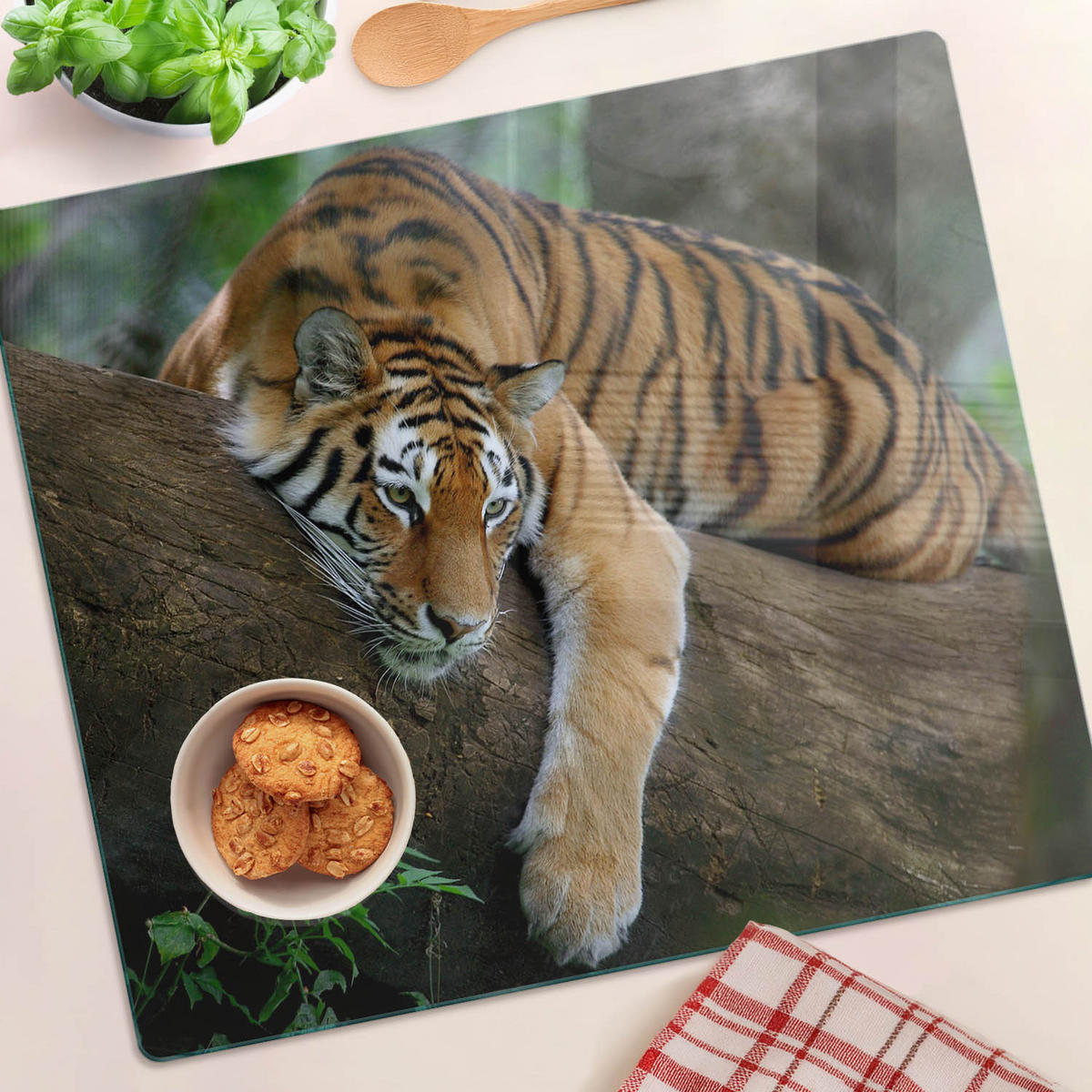 GLASPLATTE 60x52 cm Tiger auf einem Baum - Braun, Glas (60/0.4/52cm) - TULUP