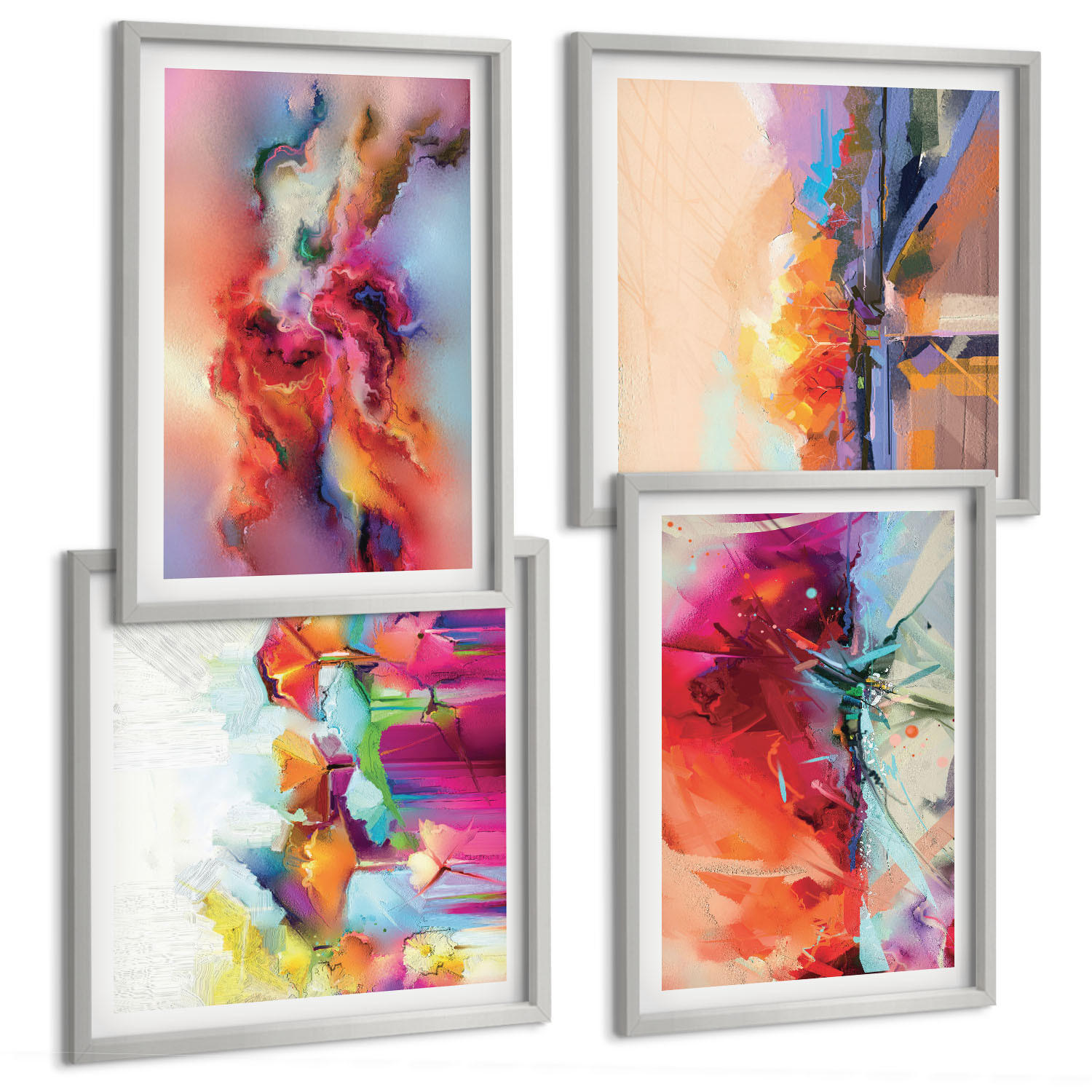 BILDER SET 4er Set - 50x50 cm & 40x60 cm Silberner Rahmen - Farbenfrohe Abstraktionen der Form - Silberfarben, Kunststoff (50/50cm) - TULUP