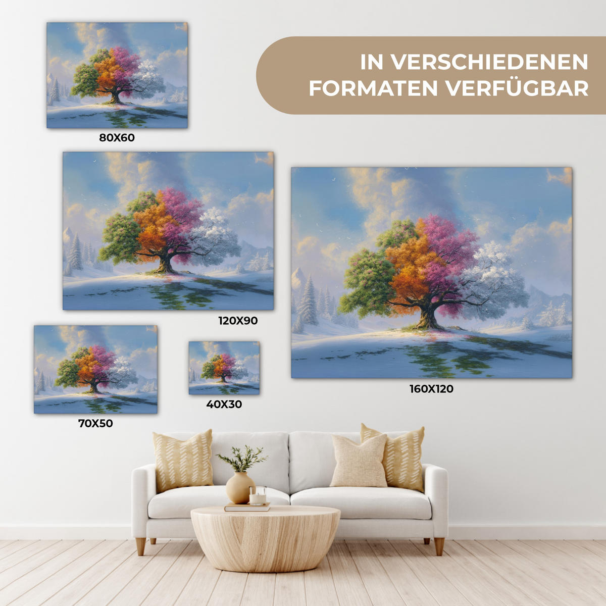 LEINWANDBILD Baum - Jahreszeiten - Winter - Landschaft Wandbilder 80x60 cm - Multicolor, Textil (80/60cm) - MuchoWow