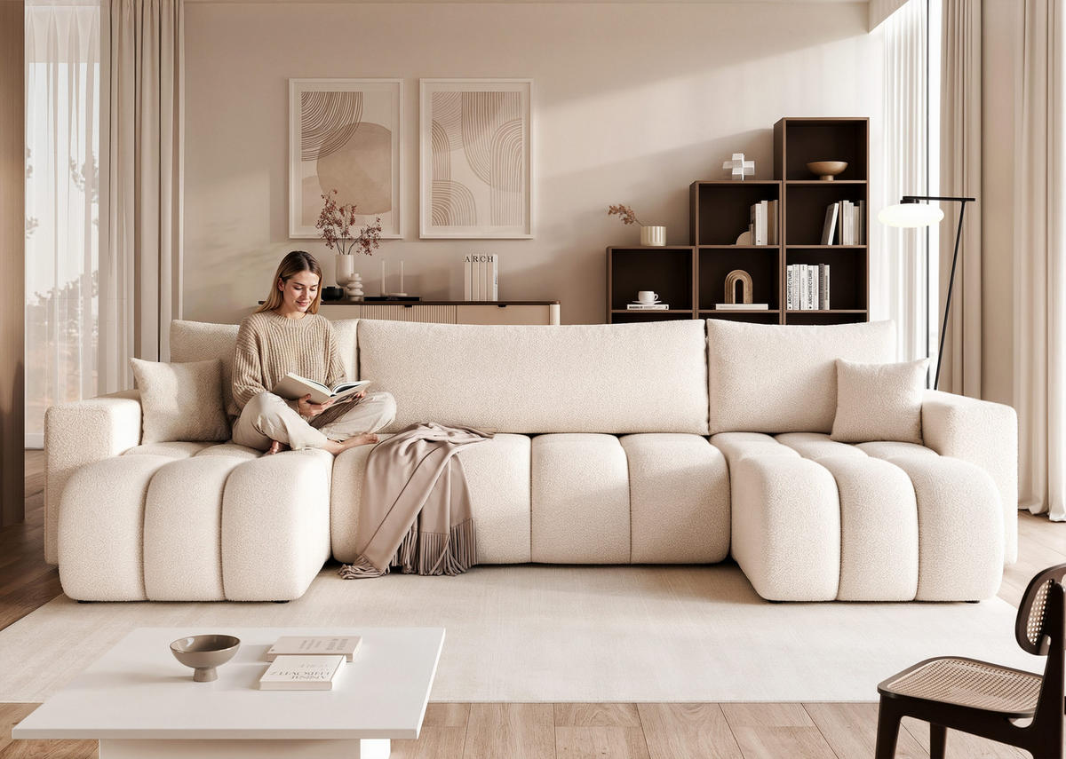 WOHNLANDSCHAFT OFI mit Schlaffunktion und Bettkasten Creme - Creme, Holzwerkstoff/Kunststoff (318/79/145cm) - Idohome