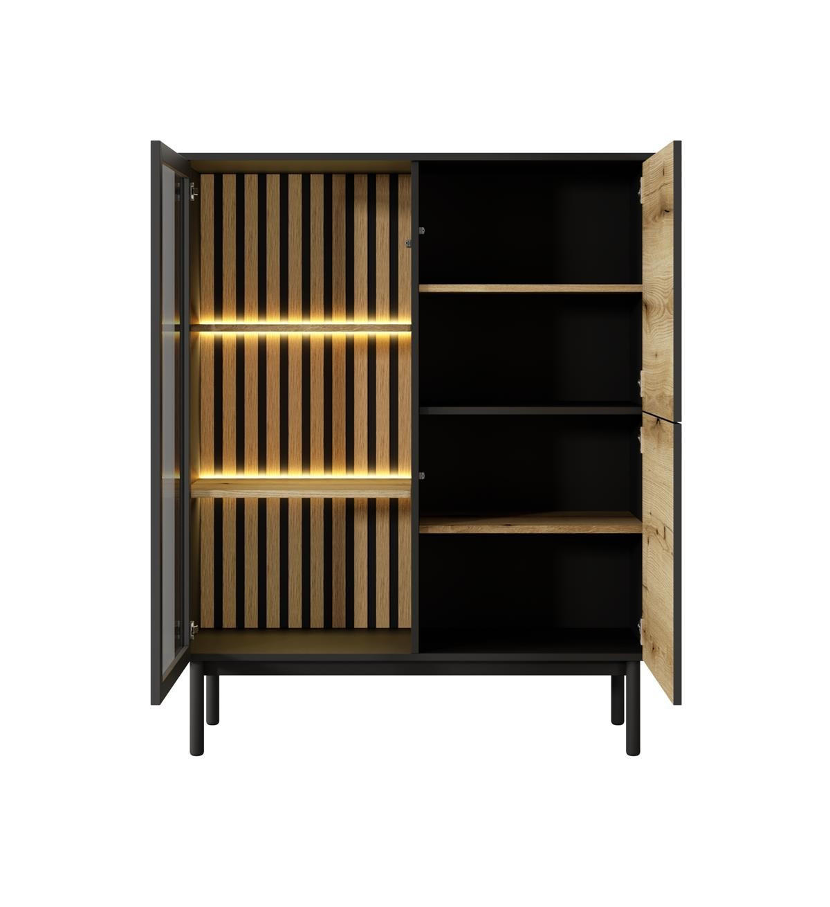 VITRINE Lango 125 Schwarz mit Eiche Evoke, Glasvitrine mit Led-Beleuchtung - Hellbraun/Schwarz, Holzwerkstoff (100/125/39cm) - Bettso