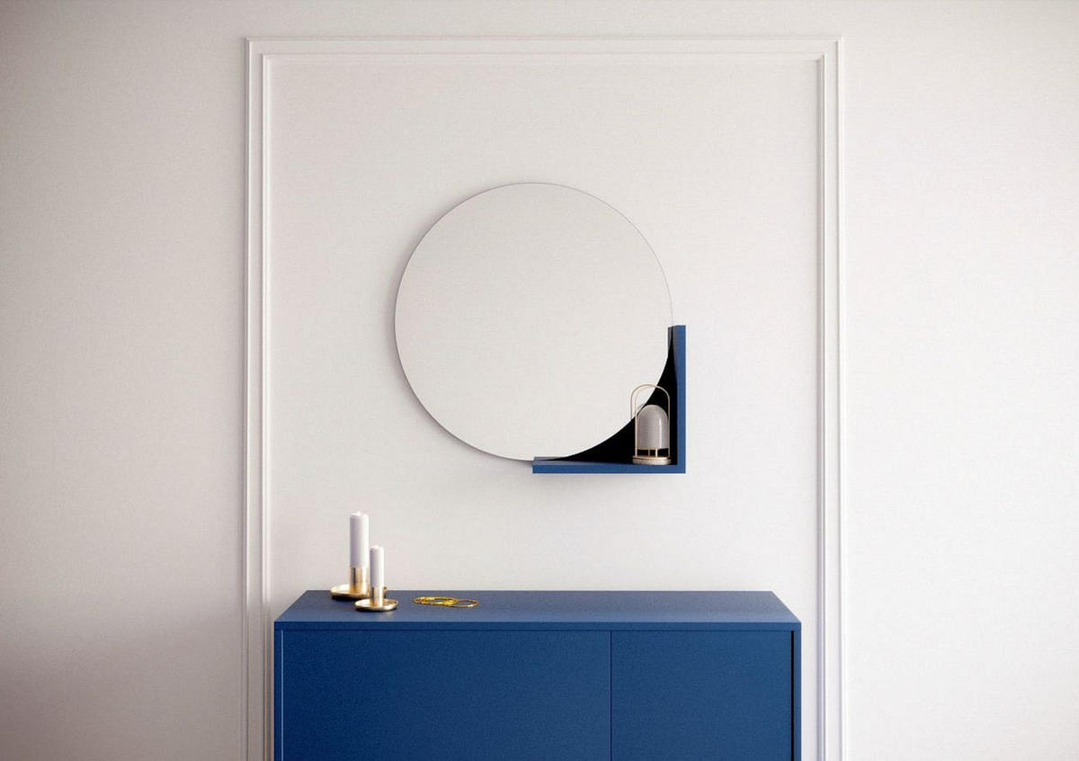 WANDSPIEGEL Lucija, Round 60 cm, mit Ablage, Marineblau - Dunkelblau, Holzwerkstoff (60/60/12cm) - Skandica