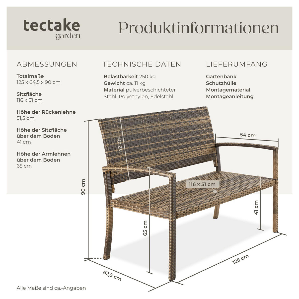 RATTAN-GARTENBANK Murat, 125 x 62,5 x 90 cm, inklusive Schutzhülle, natur - Naturfarben, Kunststoff (125/90/62.5cm) - tectake