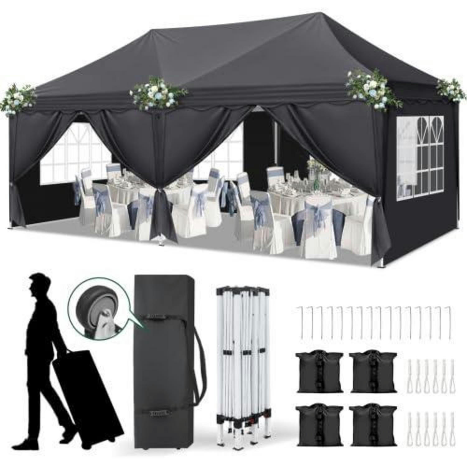 GARTENPAVILLON 3x6m höhenverstellbar wasserdicht mit 6 Seitenteilen dunkelgrau - Anthrazit, Textil (300/255/600cm)