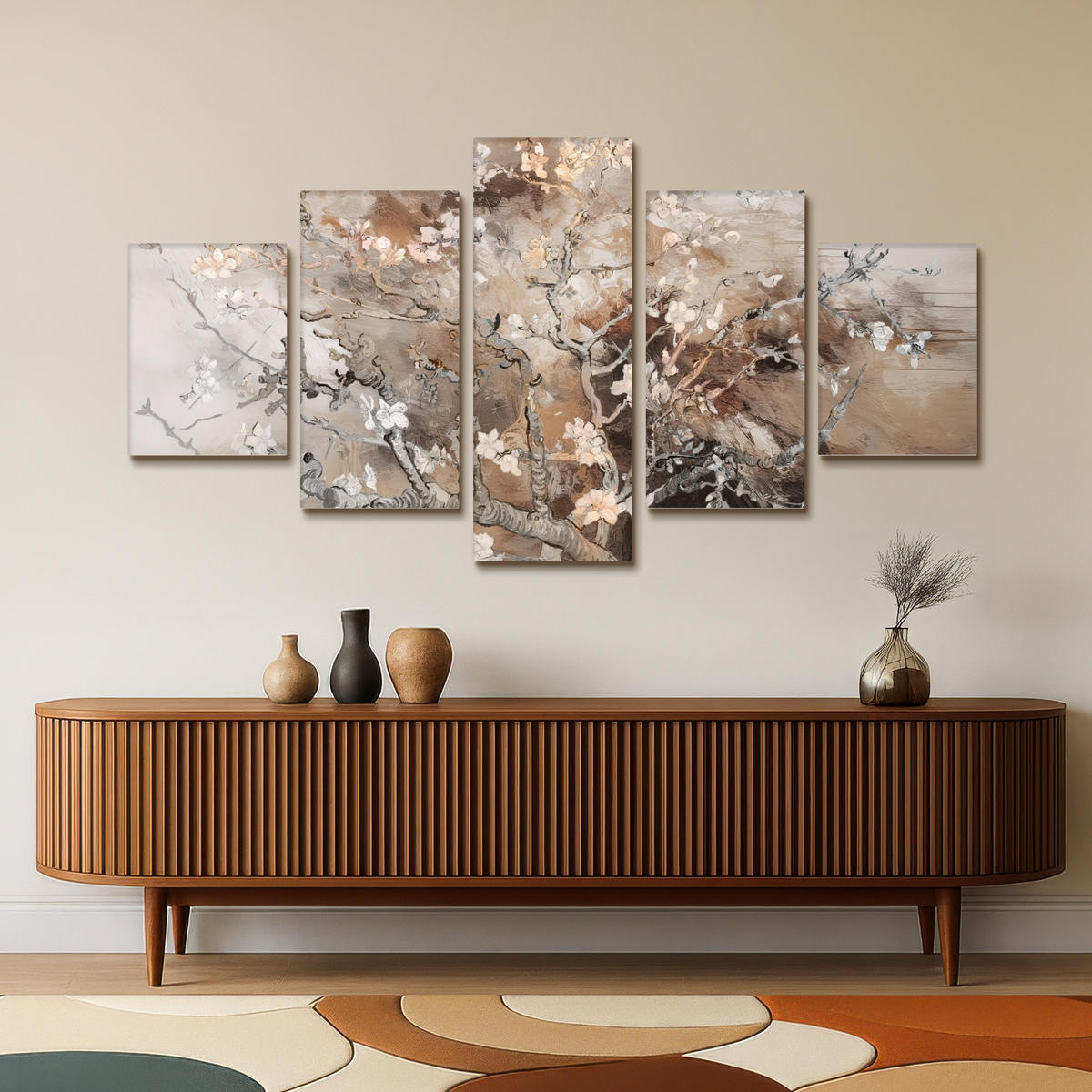 LEINWANDBILD 5er Set Mandelblüte - Abstrakt - Beige 150x80 cm - Beige, Textil (150/80cm) - MuchoWow
