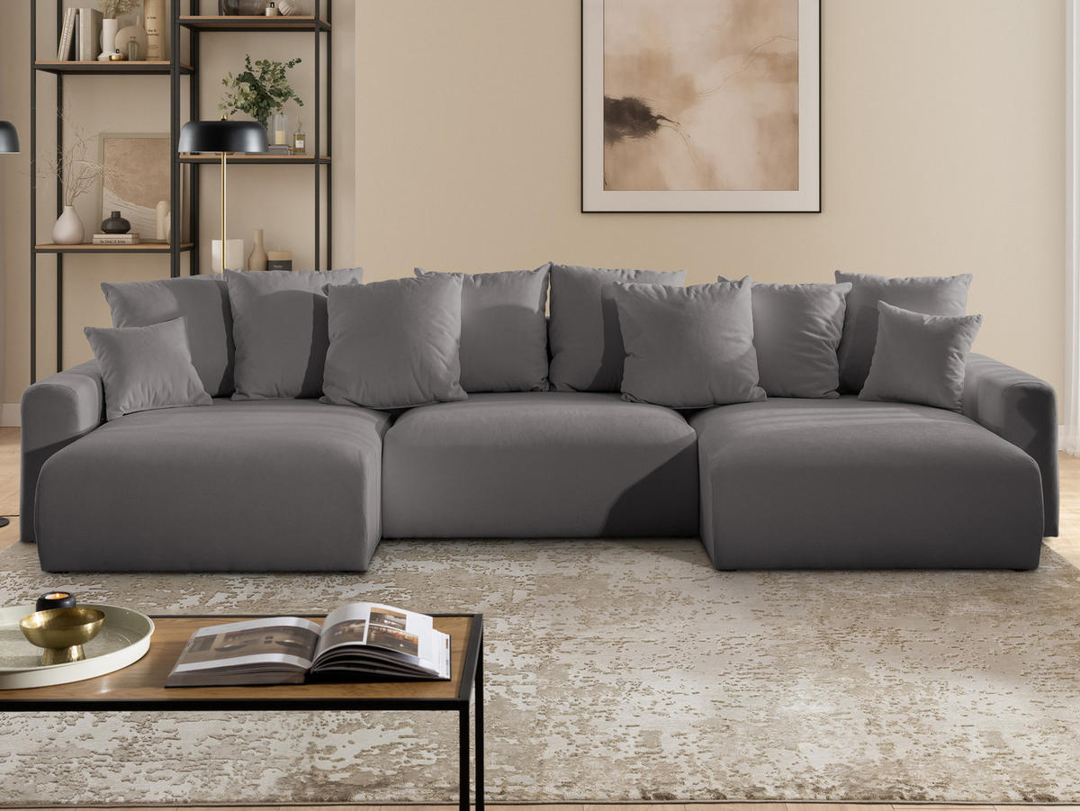 WOHNLANDSCHAFT Calma mit Schlaffunktion und Bettkasten im Bumpy-Design aus weichem Taupe Webstoff - Taupe/Schwarz, Holz/Textil (336/88/140cm) - S-Style