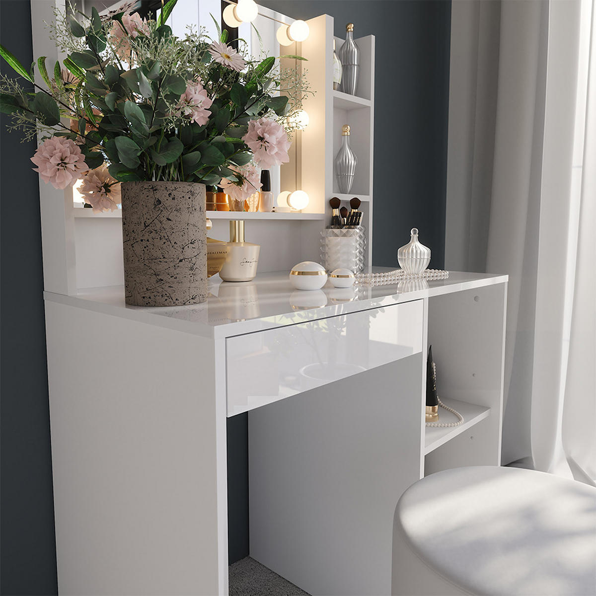 SCHMINKTISCH Sherry Weiß/Weiß Hochglanz 89.8 cm 5 Teile - Weiß Hochglanz, Holzwerkstoff (89.8/76/50.1cm) - Vicco