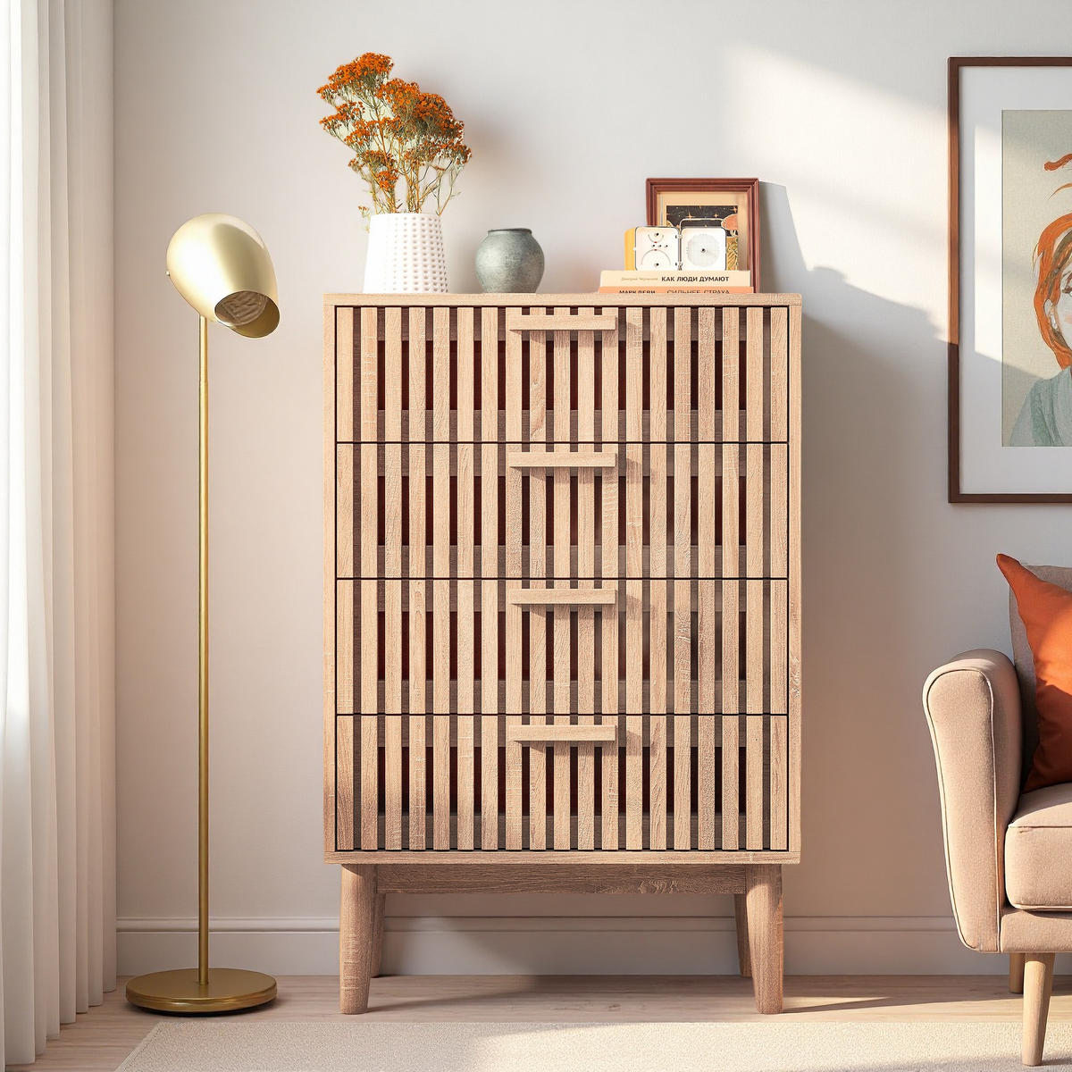 BYRÅ, naturfärgad, 4 lådor, trälook - Naturfärgad, Träbaserade material (34/91/60cm) - SHOPENTRA