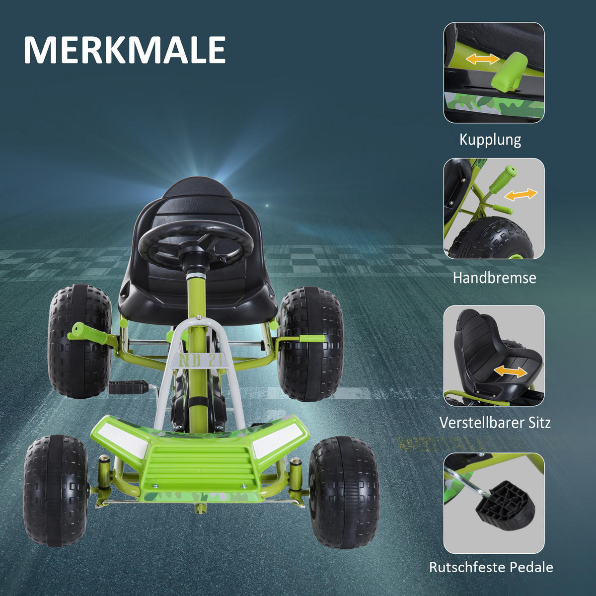 KINDER GO KART TRETAUTO, Grün, Metall+ Kunststoff - Grün, Metall (95/66.5/57cm) - HOMCOM
