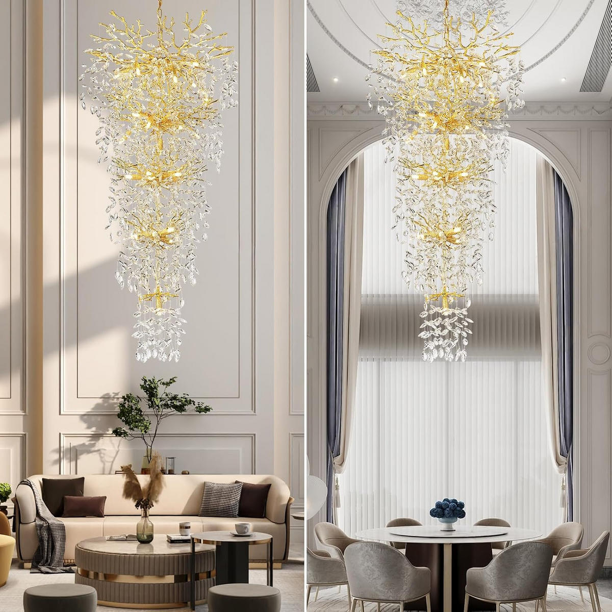 TREPPEN-KRONLEUCHTER 160 cm 5-stufiger K9‑Kristall Baumzweig Gold für Eingangsbereich und Wohnzimmer - Gelb, Naturmaterialien (75/67/41.5cm) - Surtime