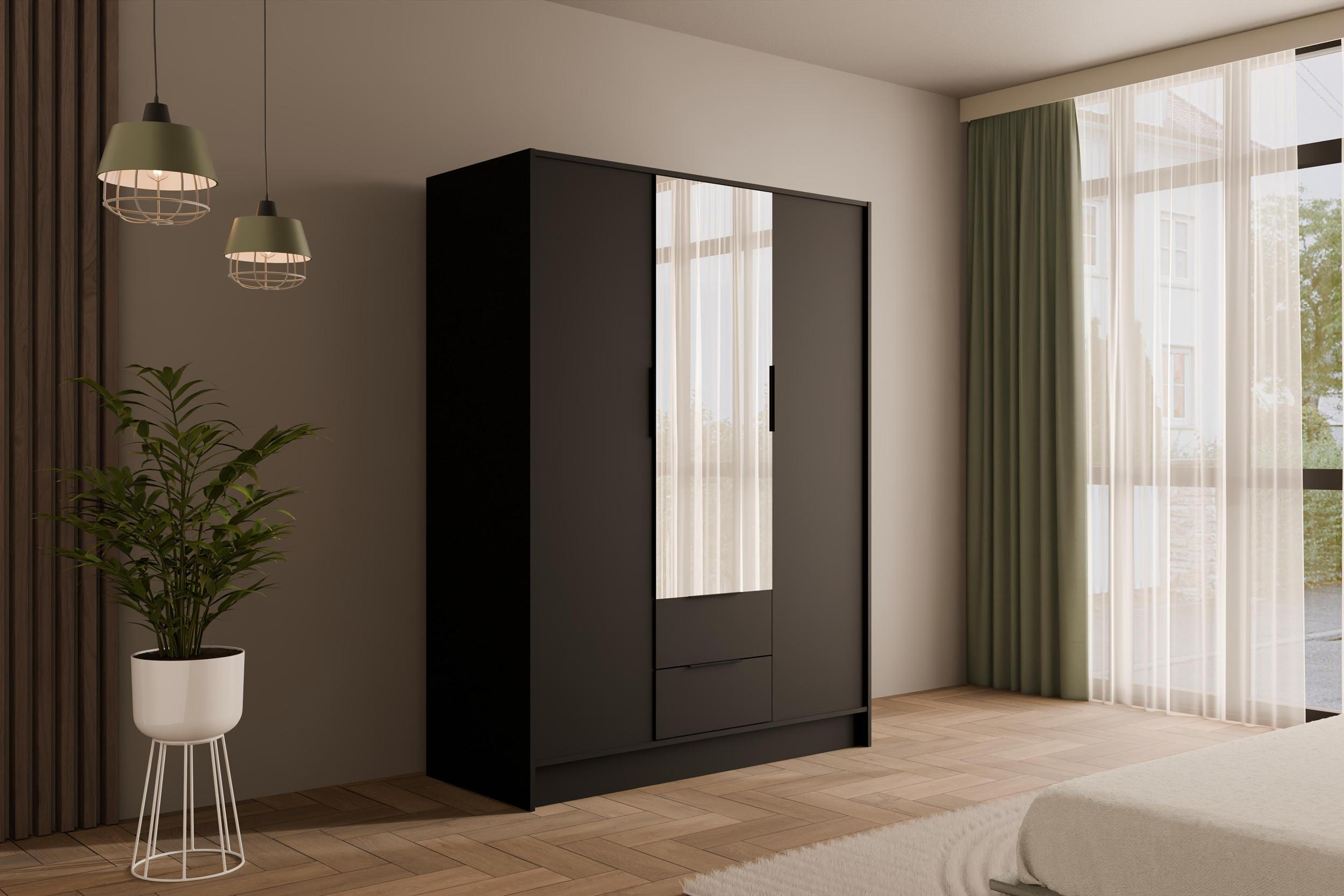 KLEIDERSCHRANK mit Spiegel und Flügeltüren KOLIN 150x200cm Schwarz - Schwarz, Holzwerkstoff (150/200/51cm) - ALTDECOR