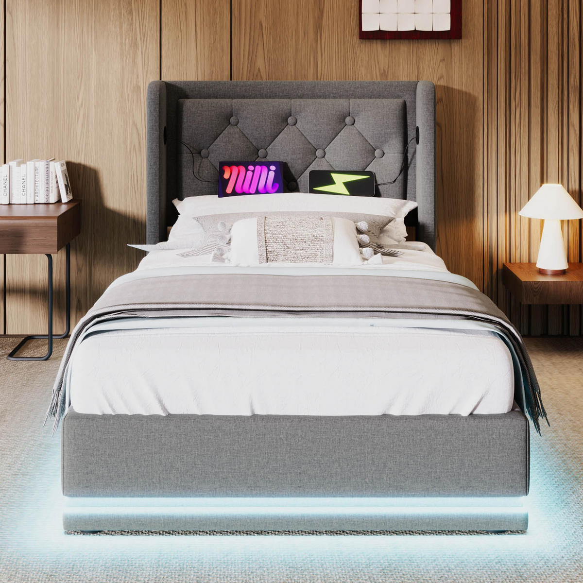 POLSTERBETT 90/200 cm Grau aus Baumwolle mit Stauraum, LED und USB-/Type-C - Grau, Textil (90/200cm) - Flora Grace