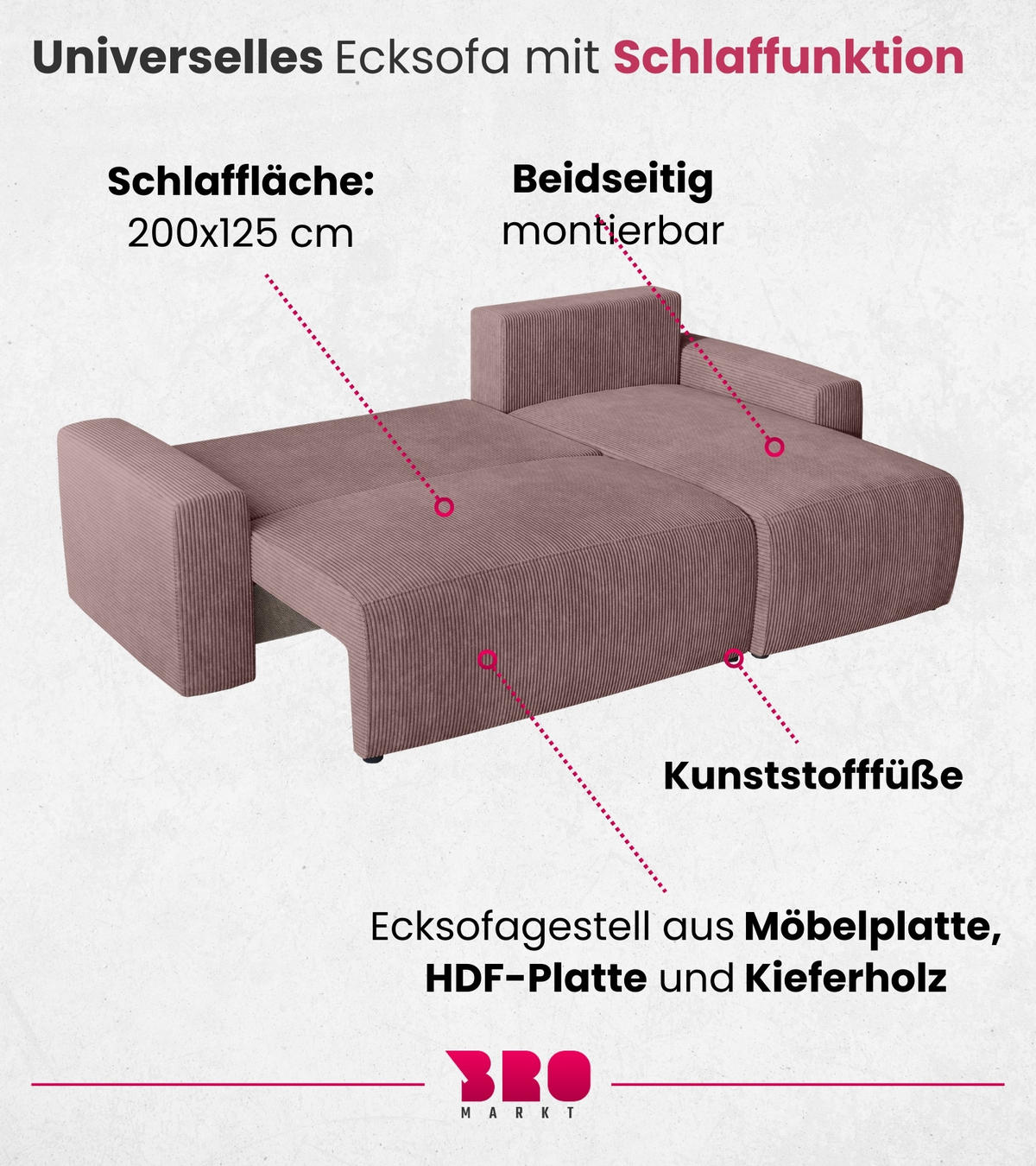 ECKSOFA PLUSH mit Schlaffunktion Rosa Cord - Rosa, Textil (240/145cm) - Bromarkt