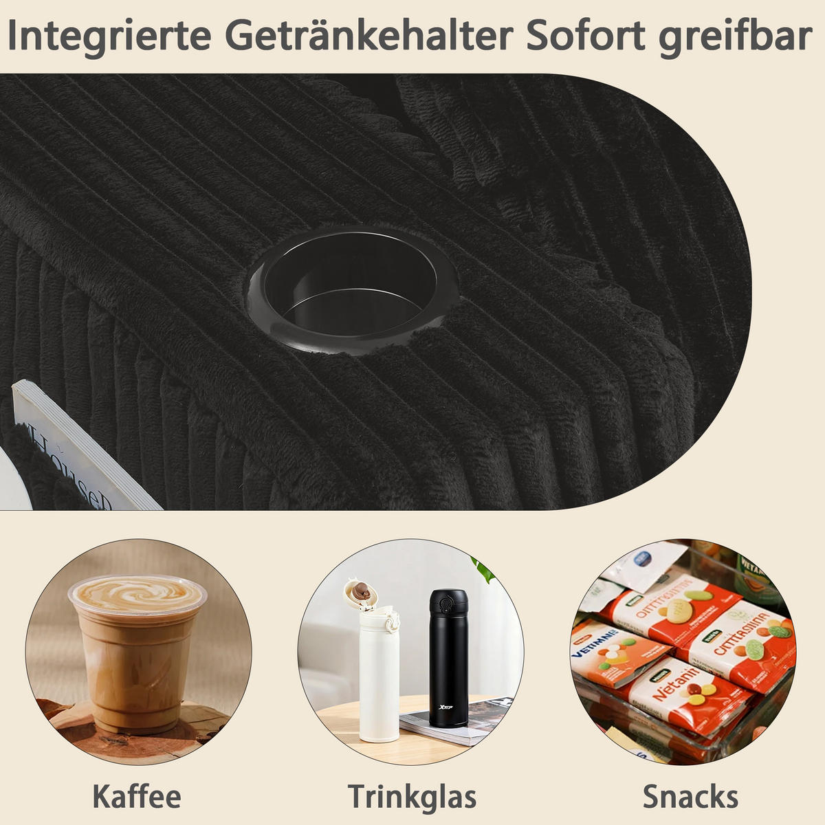 SCHLAFSOFA 186/154/78 cm Schwarz Cord mit seitlicher Magazintasche und Getränkehalter - Schwarz, Textil (186/78/154cm) - Oxeza