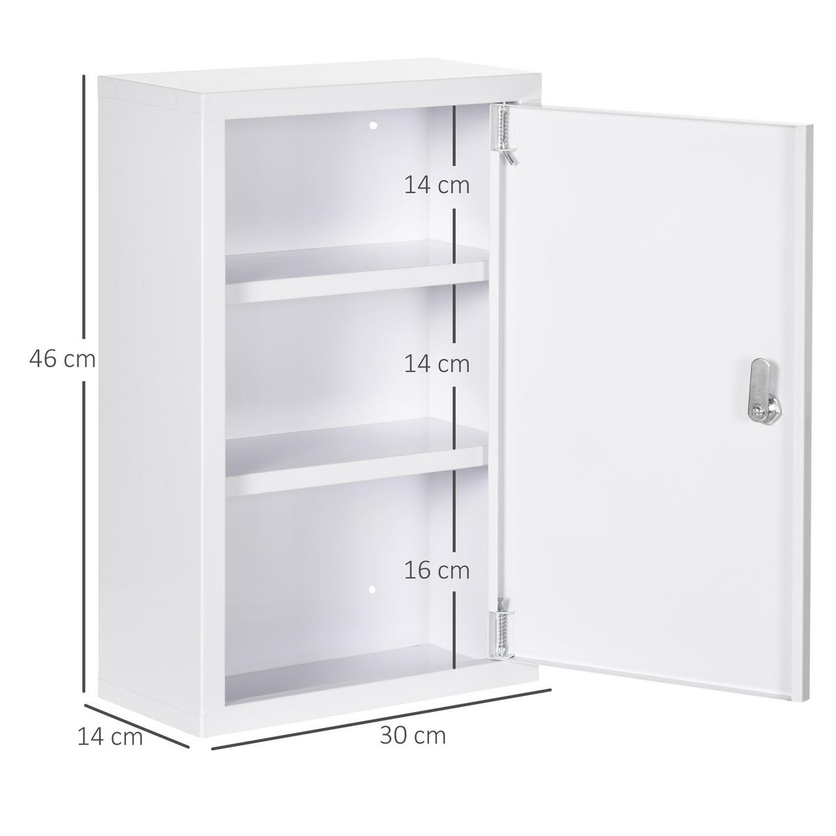 MEDIZINSCHRANK, Apothekerschrank mit 3 Fächern, 2 Schlüsseln Abschließbar, Stahl - Weiß, Metall (14/46/30cm) - Kleankin