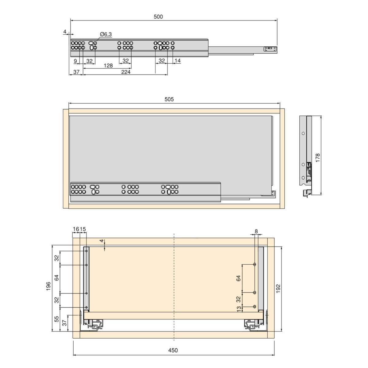SCHUBLADEGARNITUR Vertex für Küche oder Badezimmer, Höhe 178mm, mit Einlegeböden, Modul 450mm, Weiß lackiert - Weiß, Metall (45/18/50cm) - EMUCA