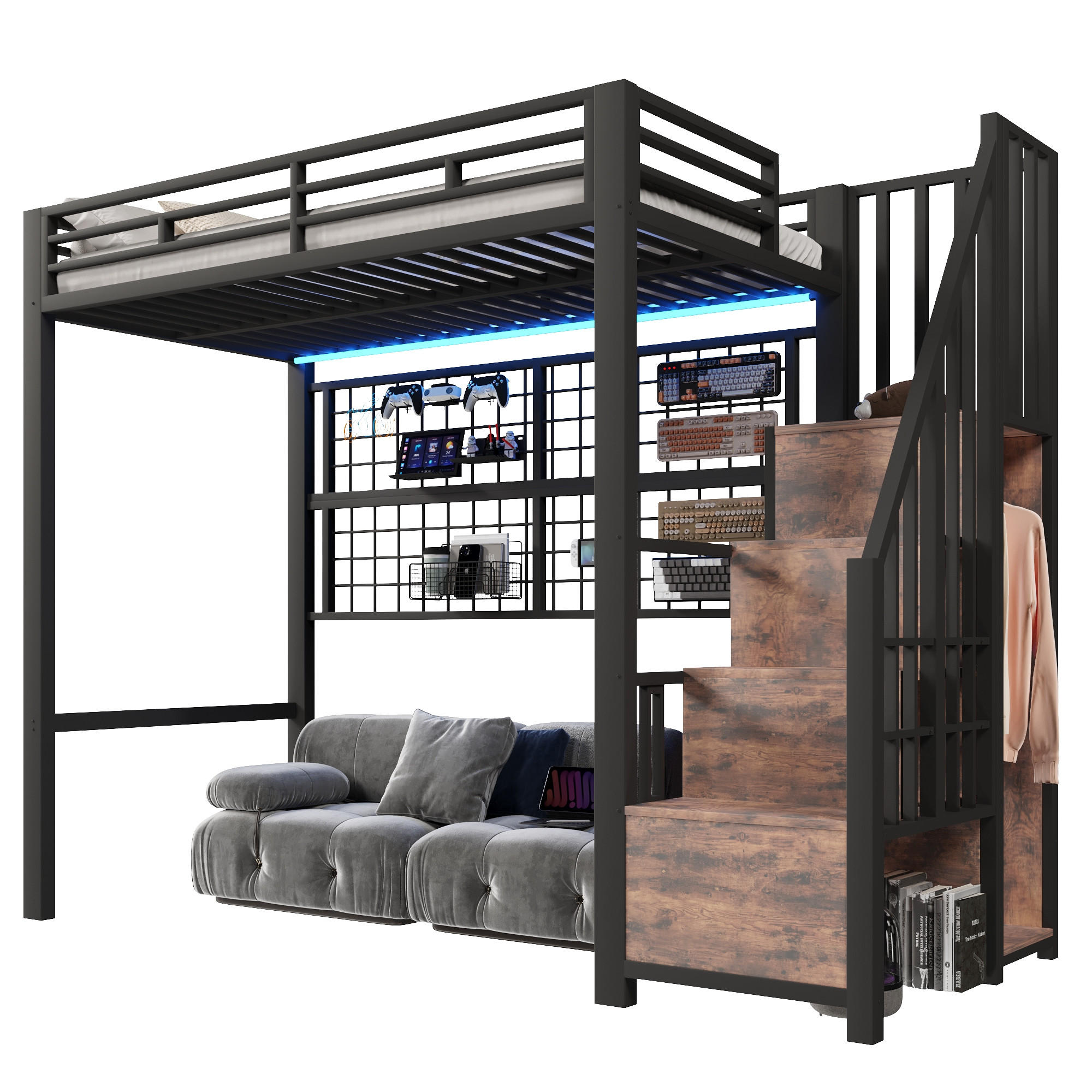 HOCHBETT 90/200 cm in Schwarz mit LED, Aufbewahrungsleiter und Garderobe Metall modernes Design - Schwarz, Metall (90/200cm) - STILVORA