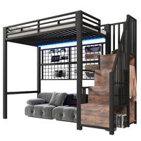 HOCHBETT 90/200 cm in Schwarz mit LED, Aufbewahrungsleiter und Garderobe Metall modernes Design - Schwarz, Metall (90/200cm) - STILVORA