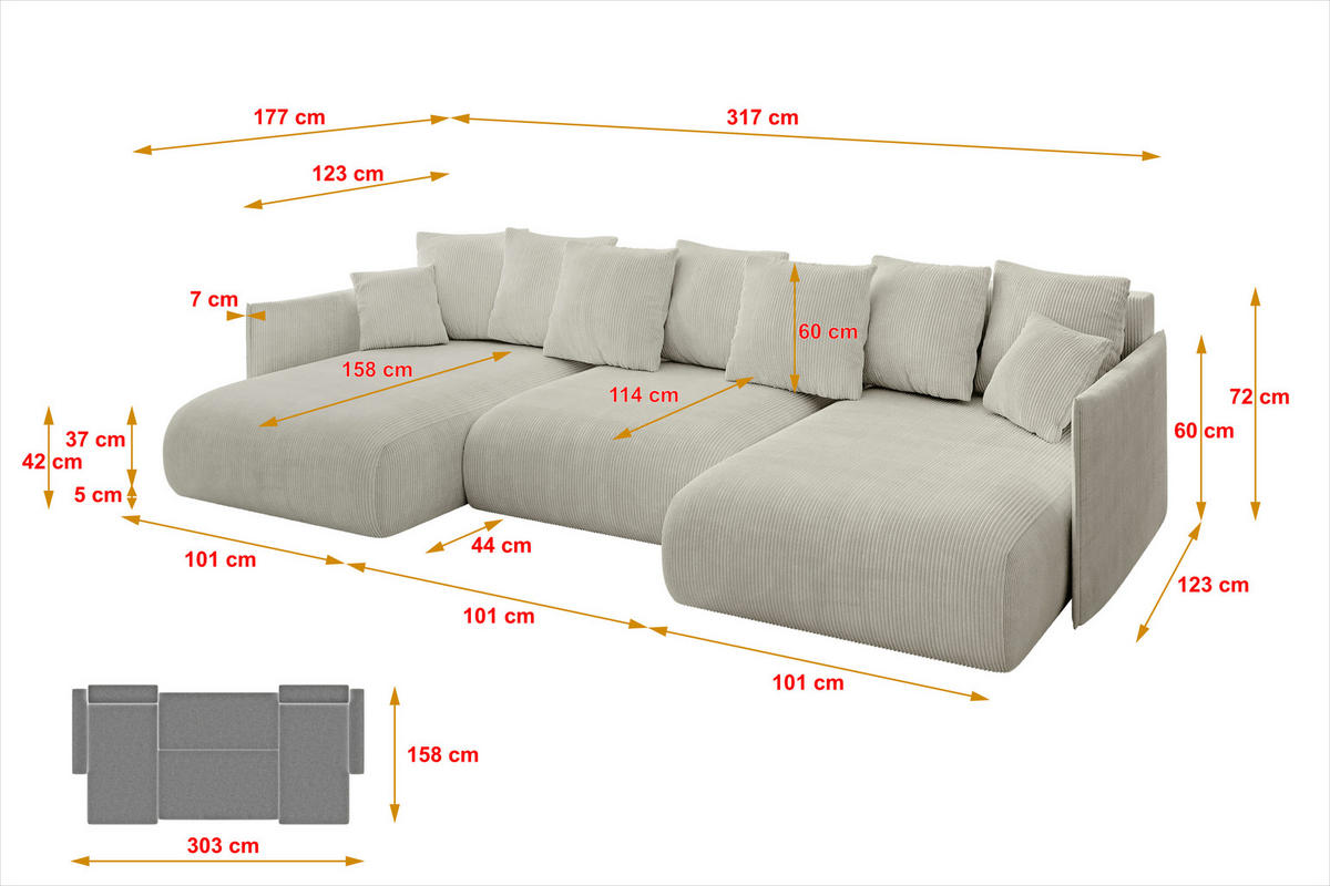 WOHNLANDSCHAFT mit Schlaffunktion und Bettkasten ONESK-U 317x177x72 Hellgrau Cord - Ecru, Holzwerkstoff/Kunststoff (317/72/177cm) - ALTDECOR